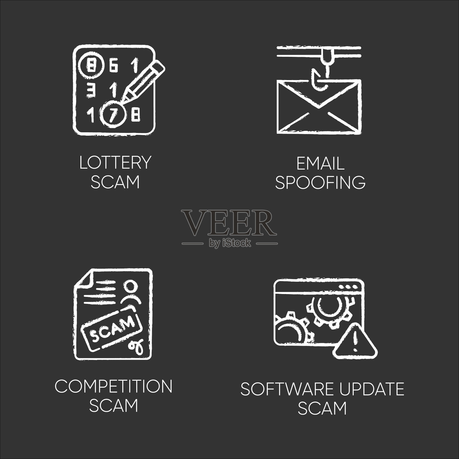 诈骗类型粉笔图标设置。彩票、比赛、诈骗等。电子邮件欺骗。软件更新。恶意软件。网络犯罪。非法获得的钱。孤立矢量黑板插图插画图片素材