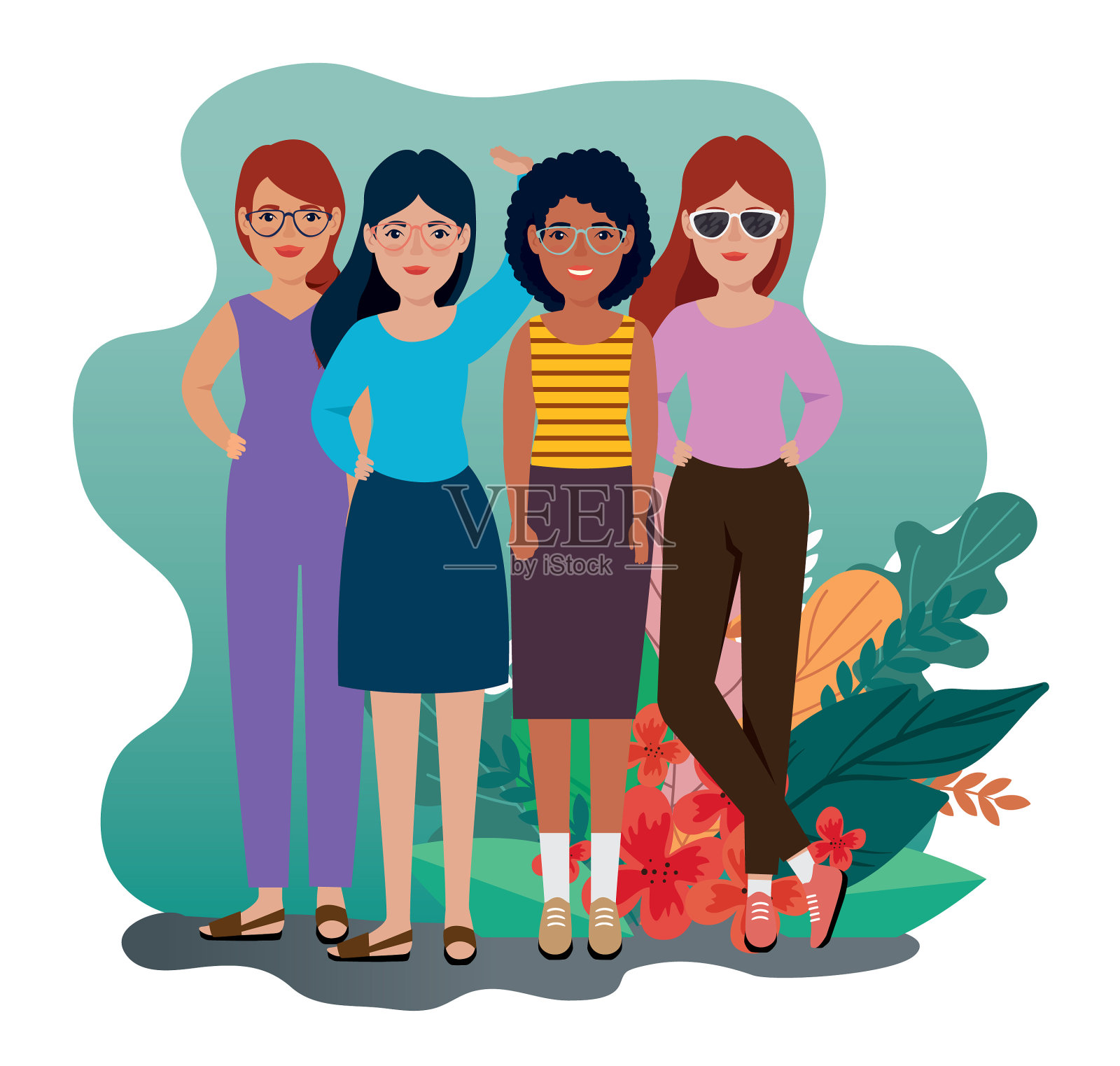 群妇女站在热带树叶设计元素图片