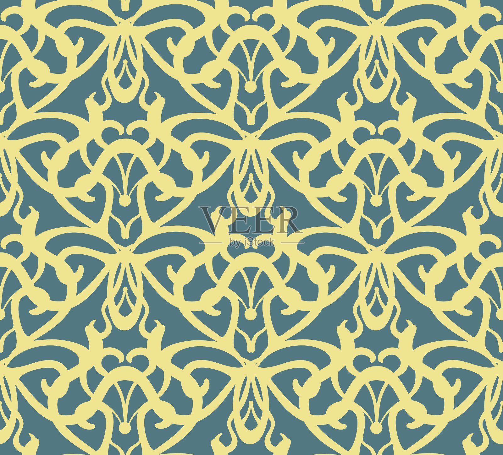 精心制作的金色复古无缝图案上的蓝色插画图片素材
