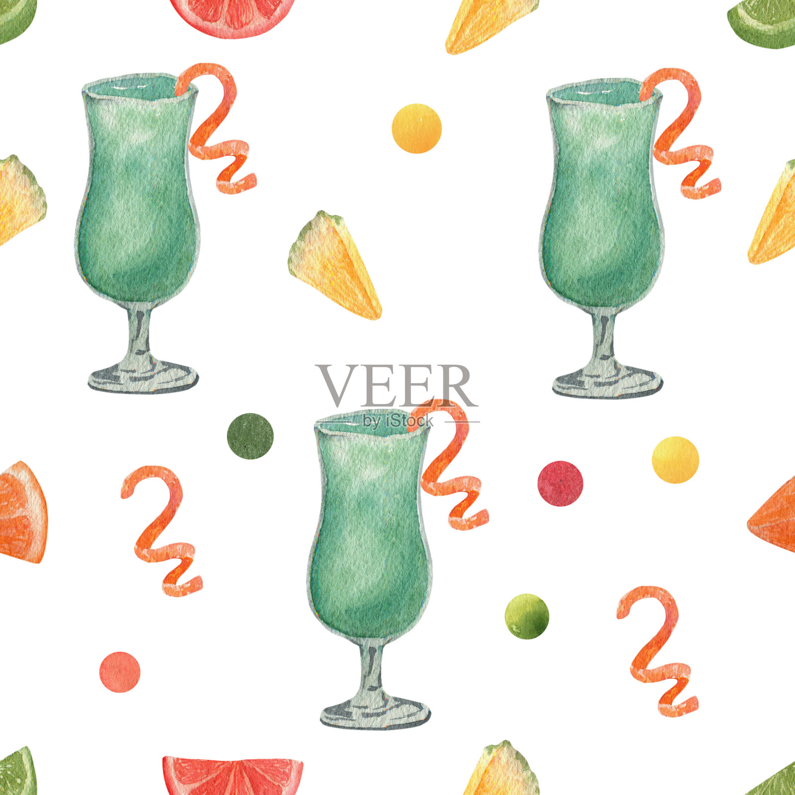 水彩图案与酒精鸡尾酒和切片水果。高分辨率元素的夏季菜单，邀请，度假设计。插画图片素材
