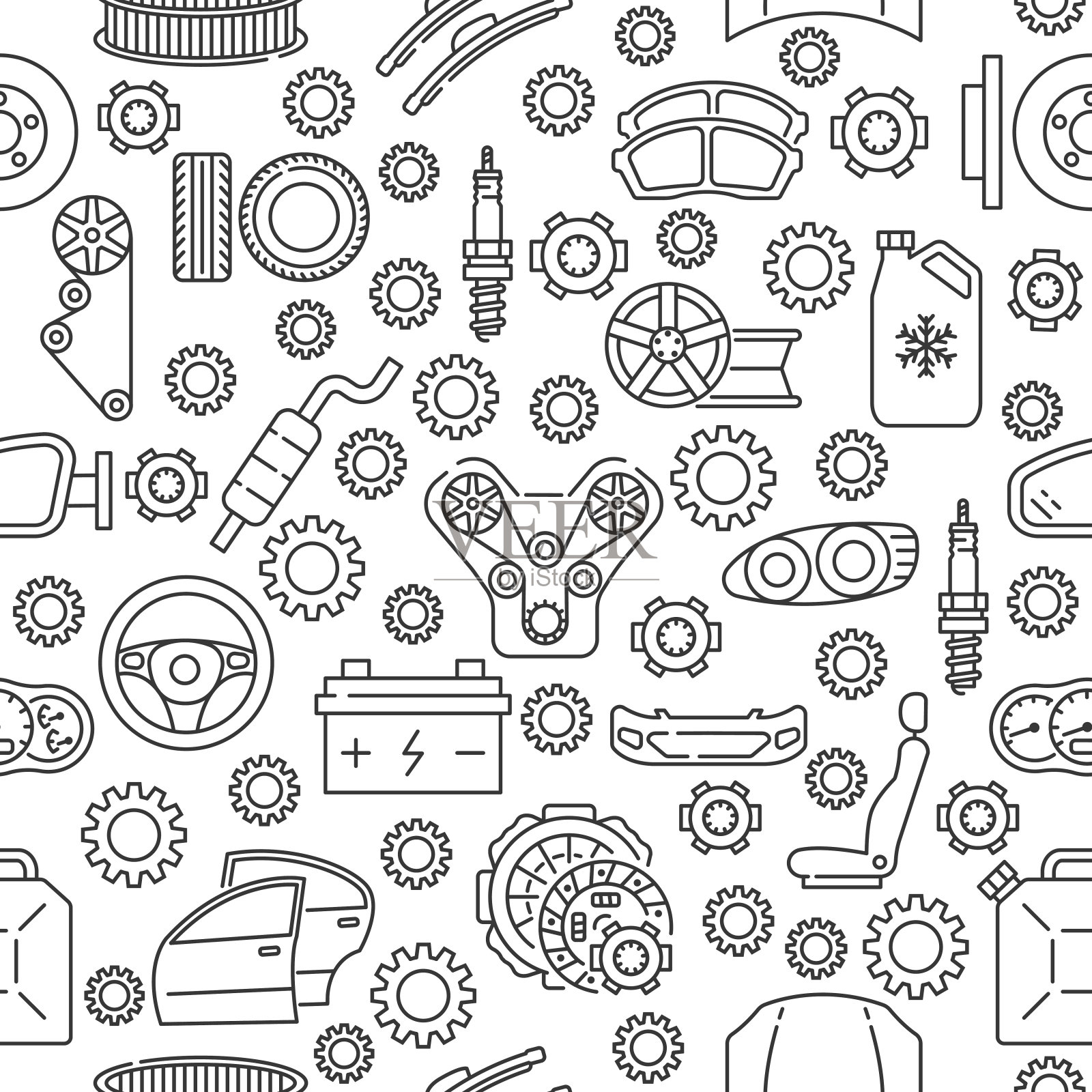 无缝的汽车服务模式与直线图标。白色背景上的灰色汽车部件图标。插画图片素材
