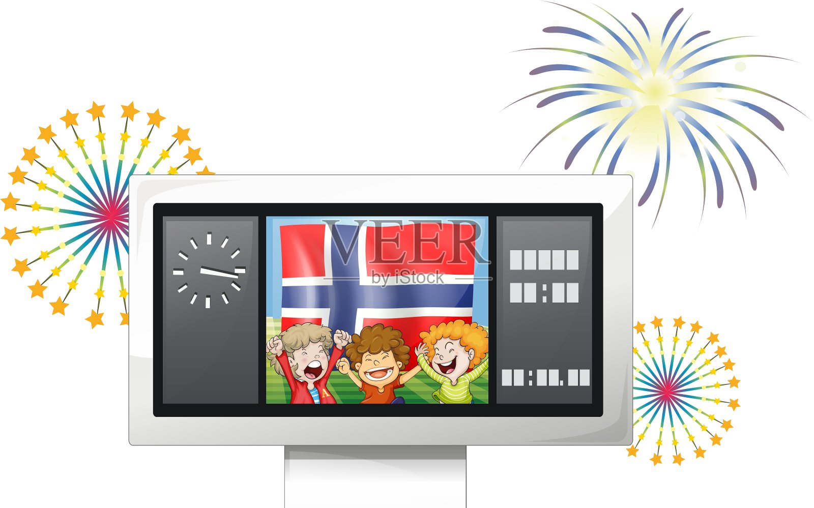 三个孩子在记分板内，举着旗帜设计元素图片