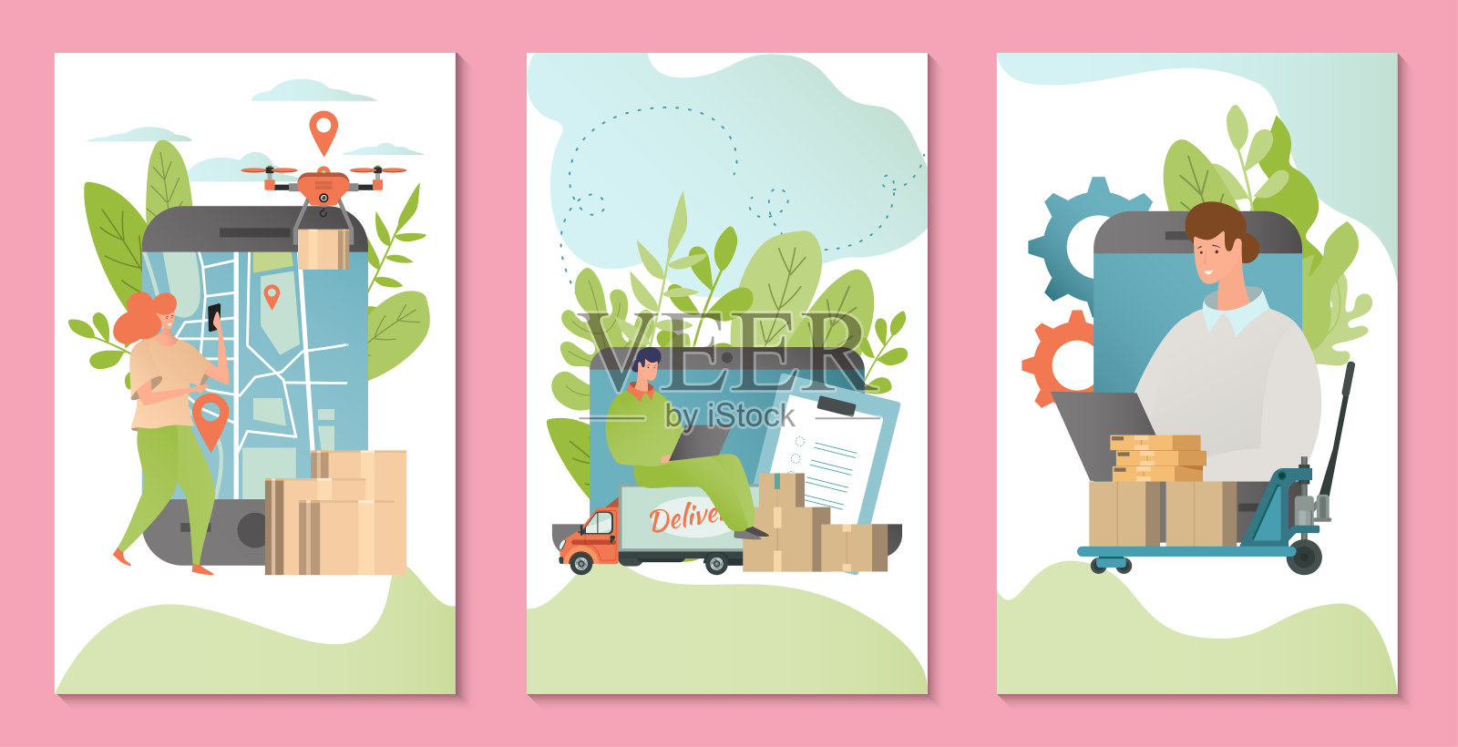 交付服务矢量插图横幅模板。快速运输和包装运输的数字应用。插画图片素材