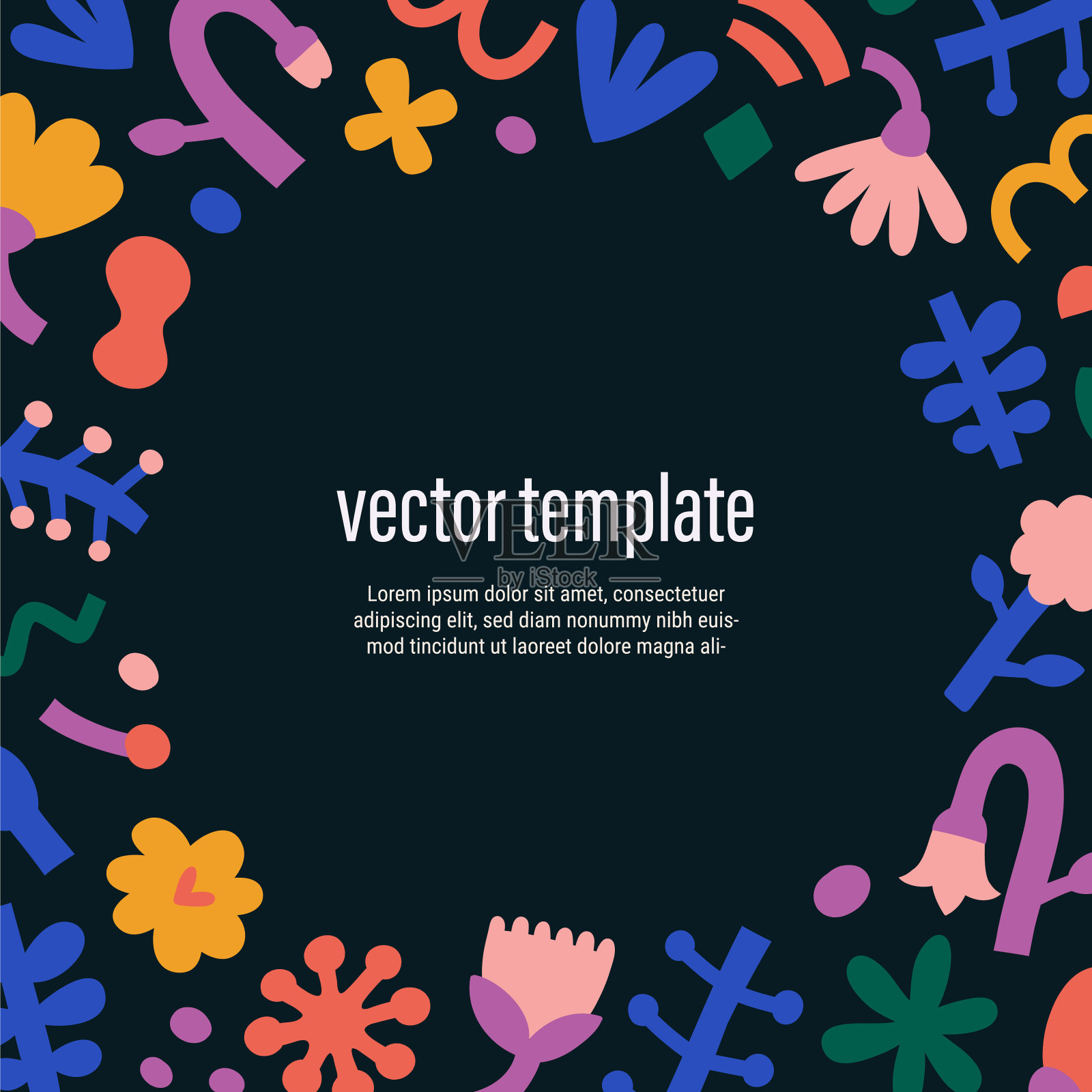 黑色花装饰抽象框架，明亮的边界矢量模板邀请或贺卡，当代背景与复制空间，现代形状，涂鸦树叶和树枝插画图片素材