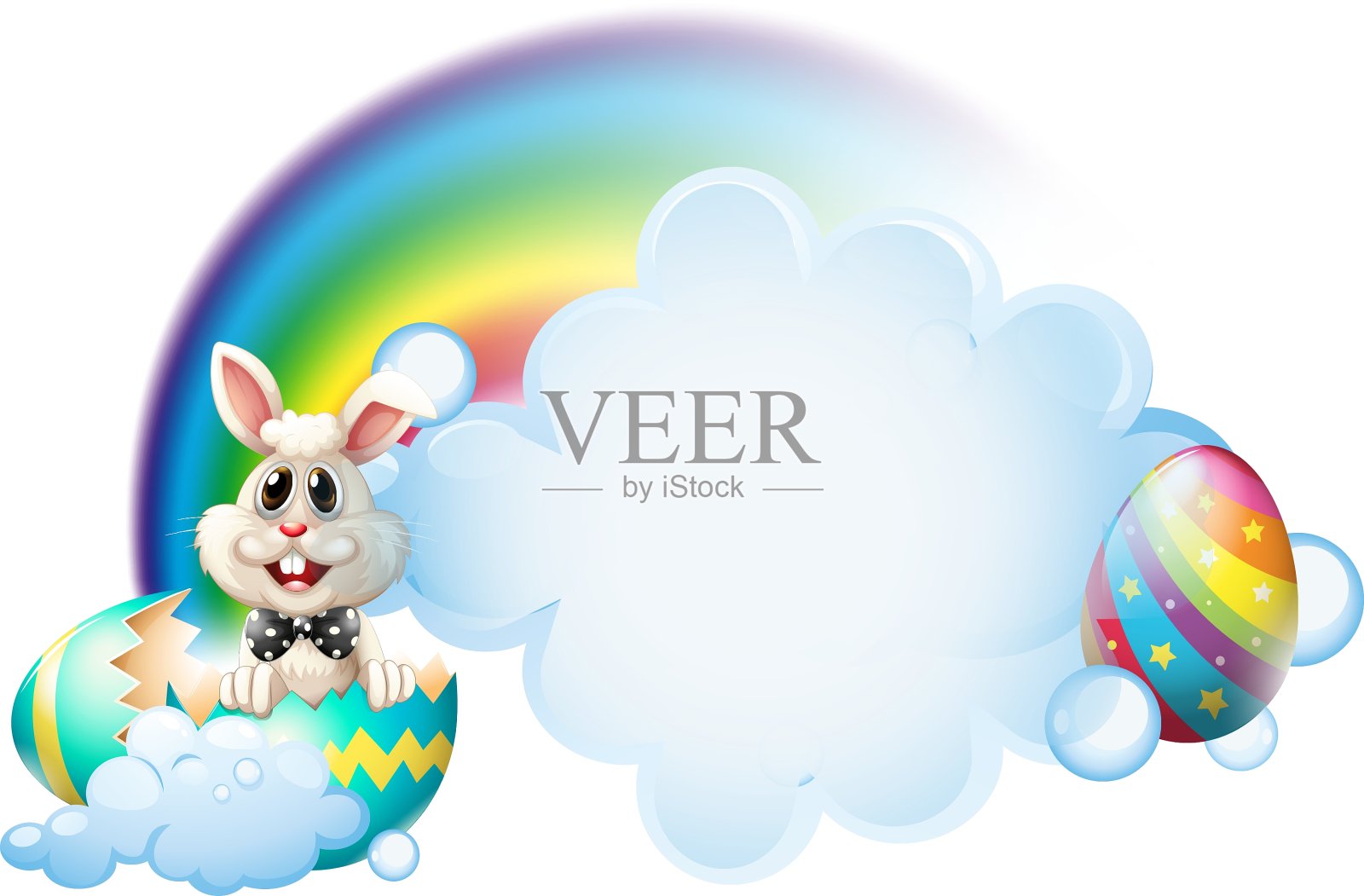 一个有裂缝的鸡蛋和一只兔子在彩虹旁边设计元素图片