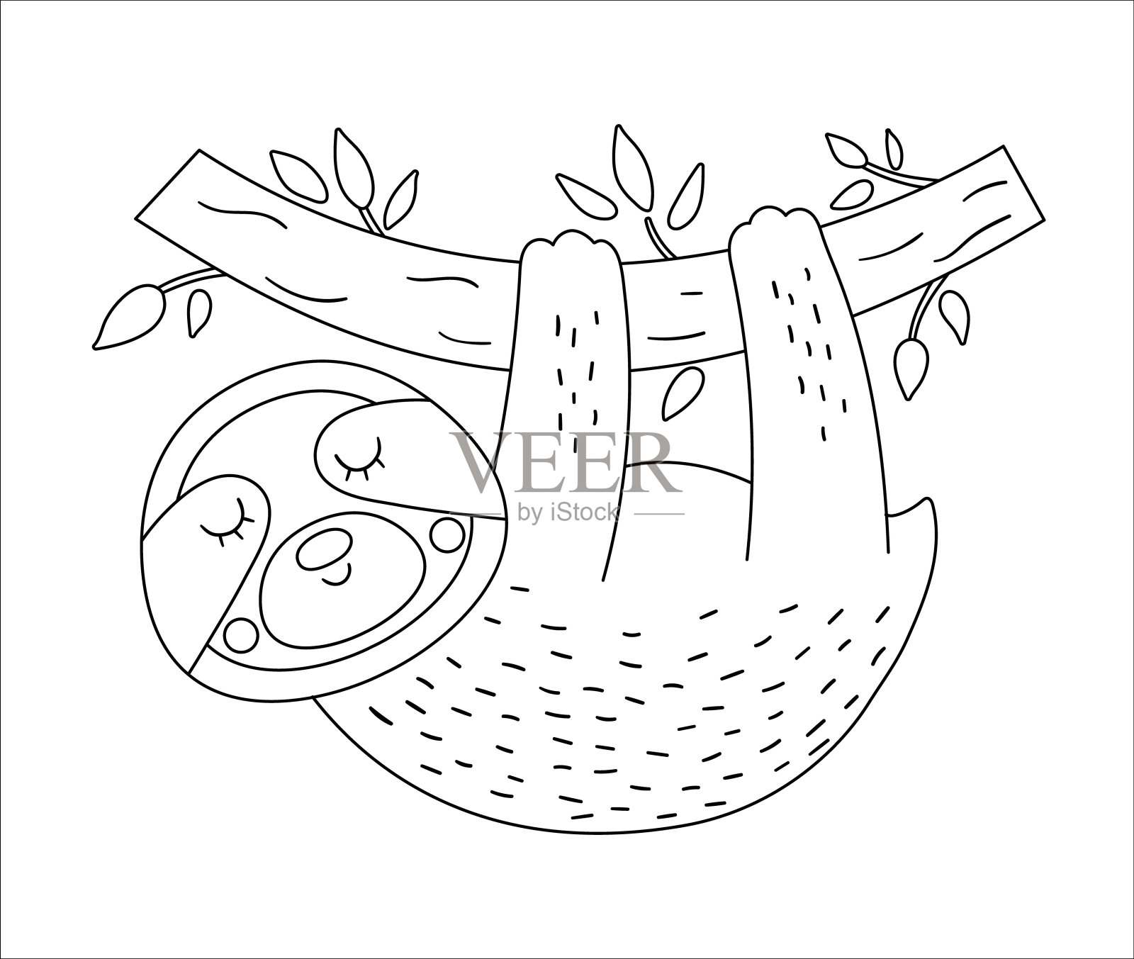 向量可爱的树懒挂在树上的轮廓。有趣的热带奇异动物黑白插图。有趣的儿童涂色页。丛林夏日剪贴画插画图片素材