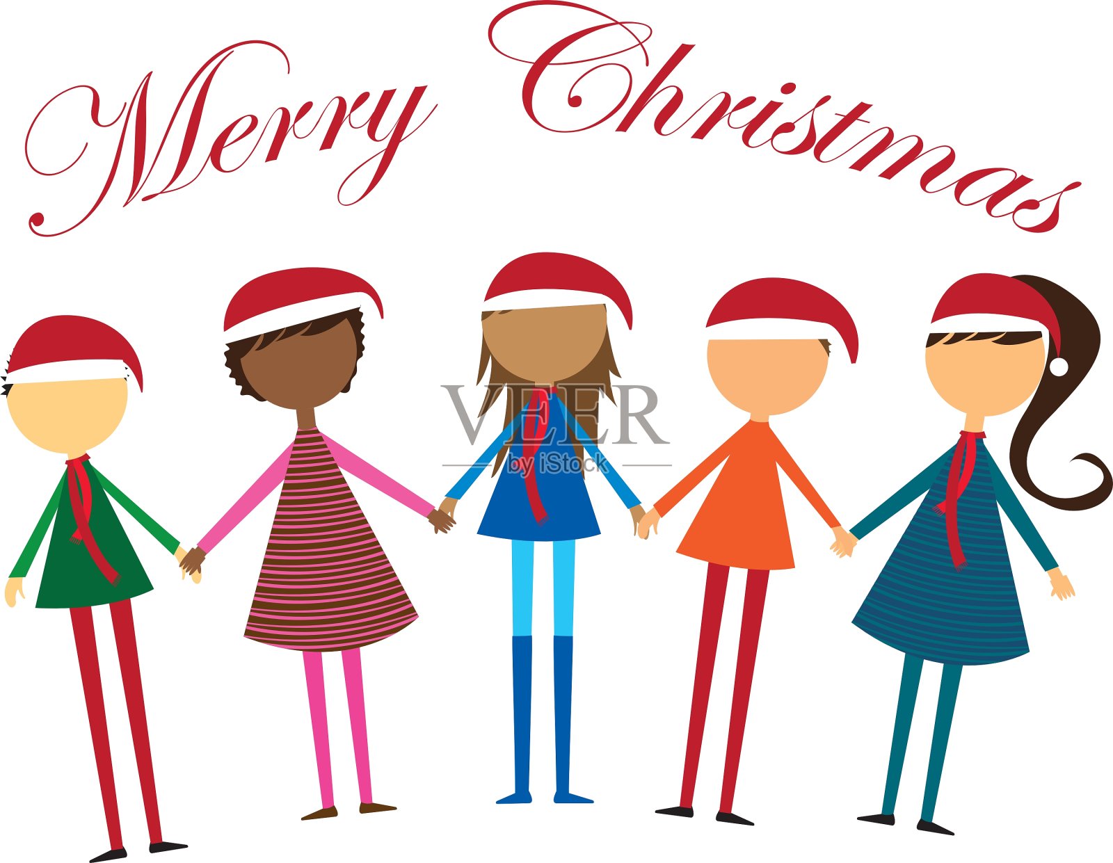 孩子们手牵着帽子过圣诞节插画图片素材