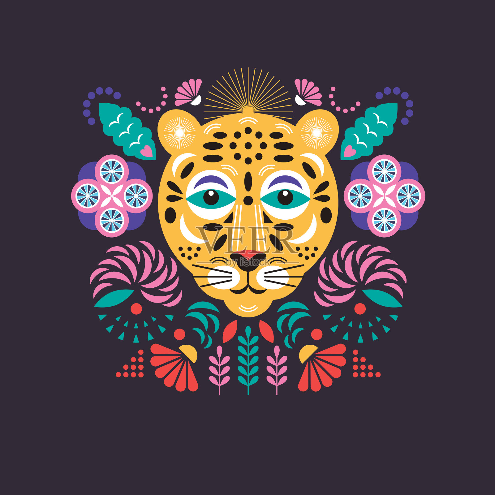 老虎程式化的插图。问候卡或请帖。横幅，海报，传单模板。生日贺卡。平面装饰设计，封面设计插画图片素材