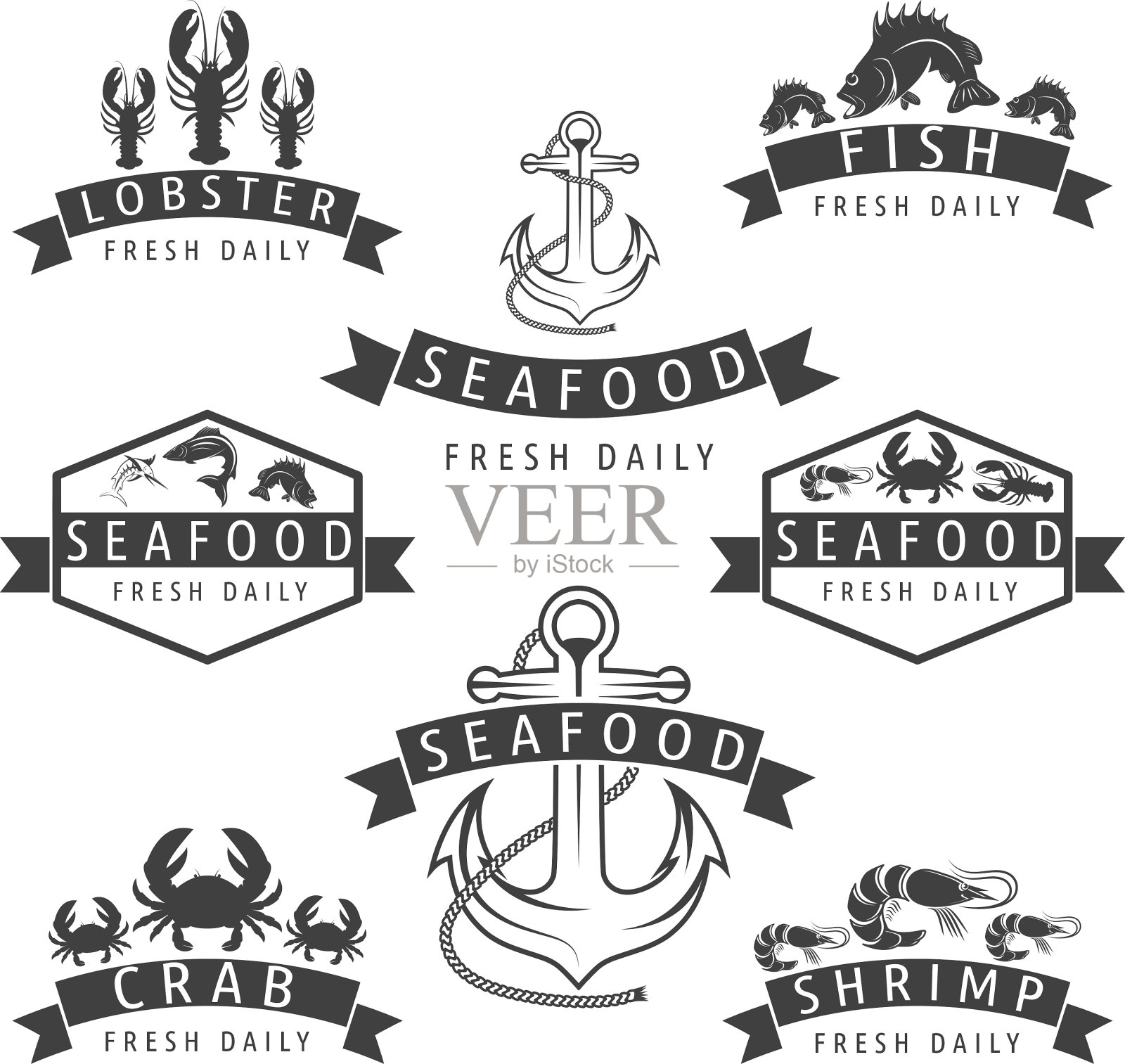 复古风格的海鲜标签插画图片素材