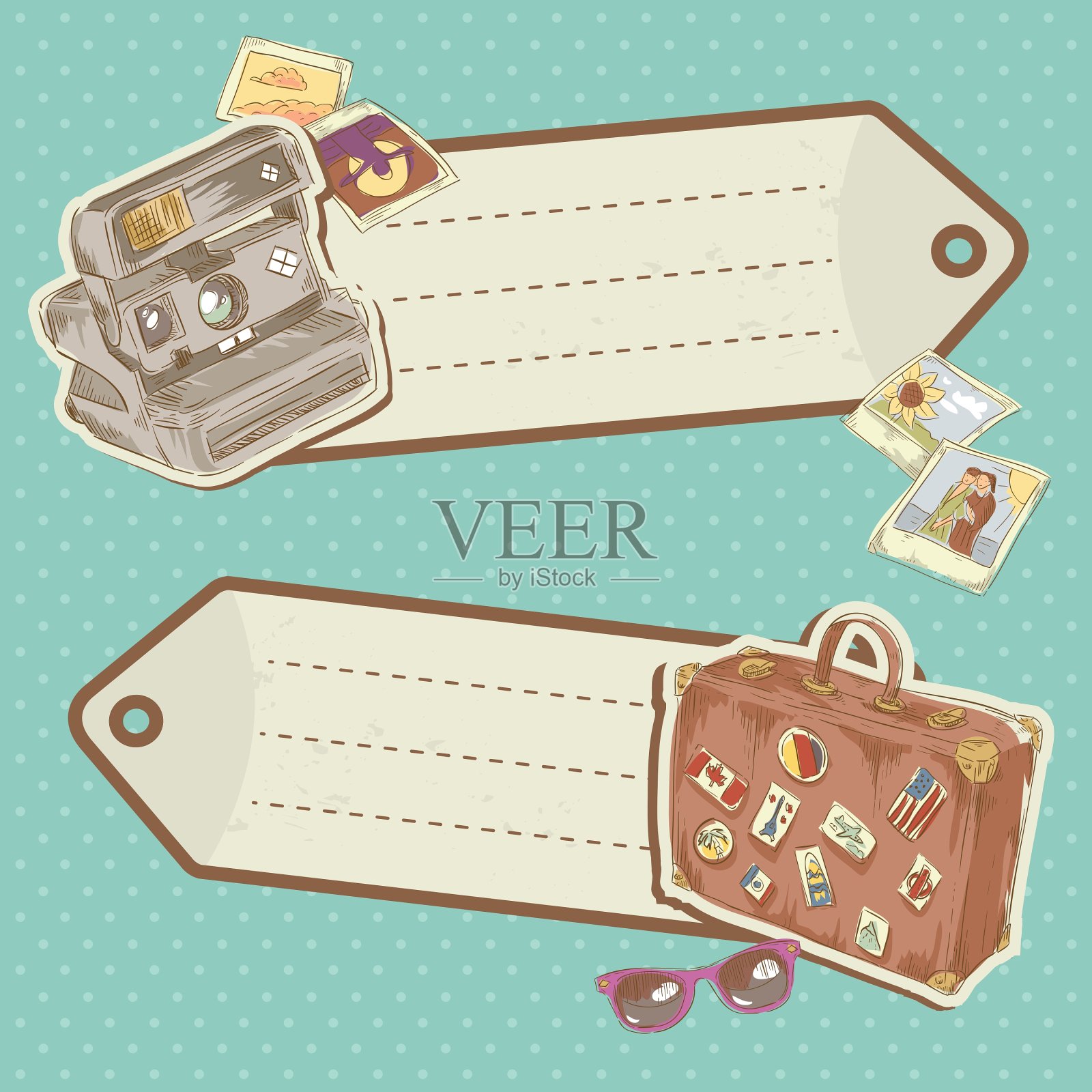 旅游折扣贴纸，包和相机插画图片素材