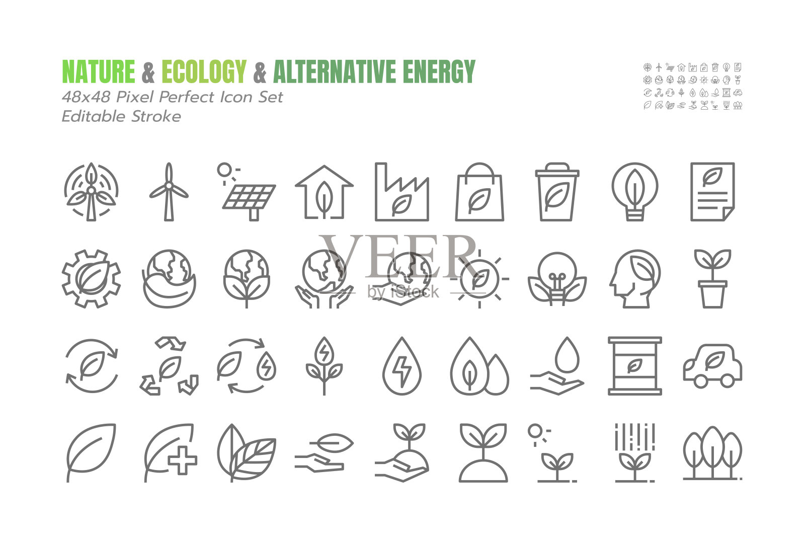 ECO矢量薄轮廓图标的简单设置。环境，生态，可再生能源，替代能源，生物燃料，循环利用，绿色思维，水滴48x48像素完美。可编辑的中风插画图片素材