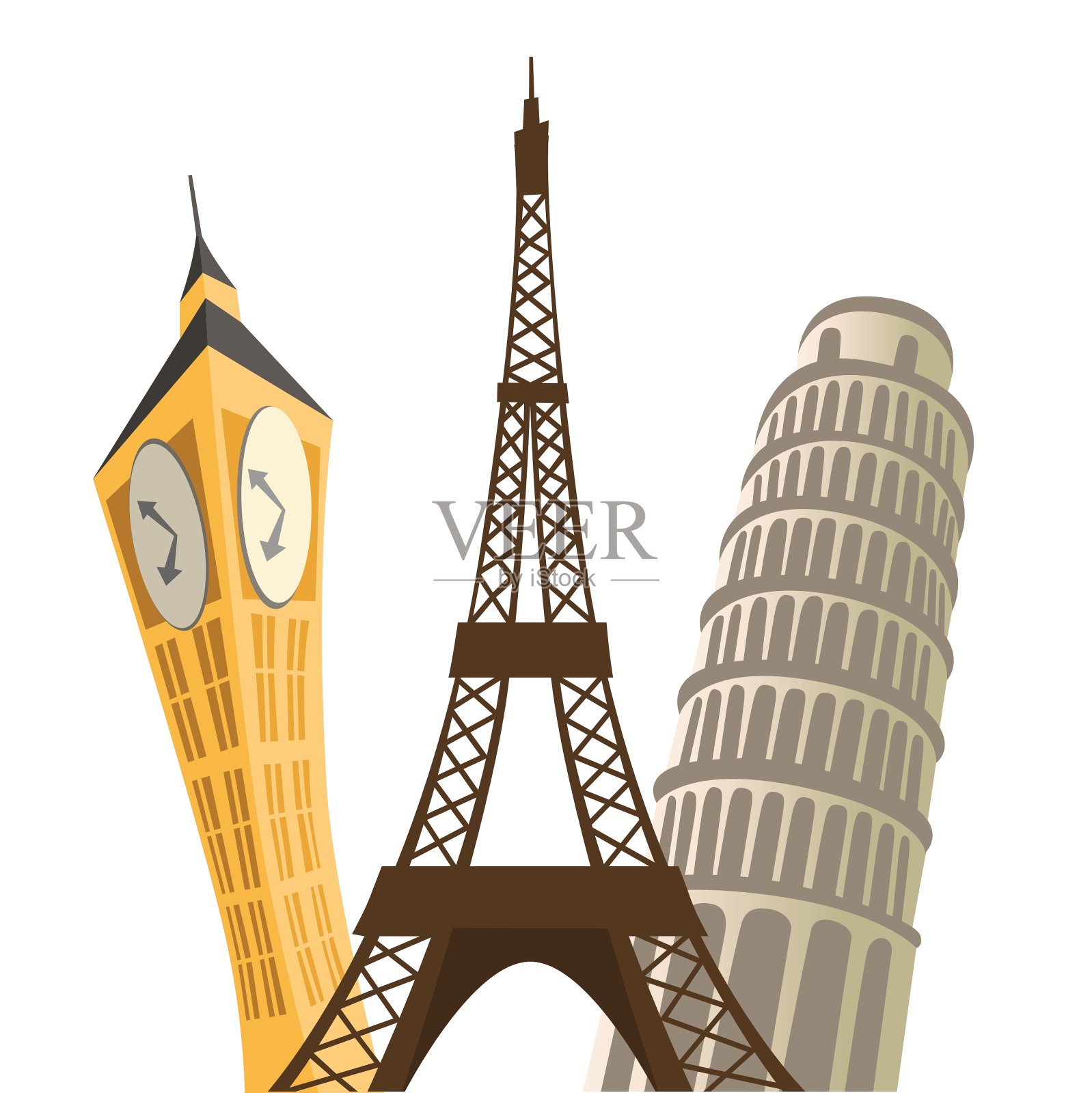 埃菲尔铁塔、比萨斜塔和大本钟设计元素图片
