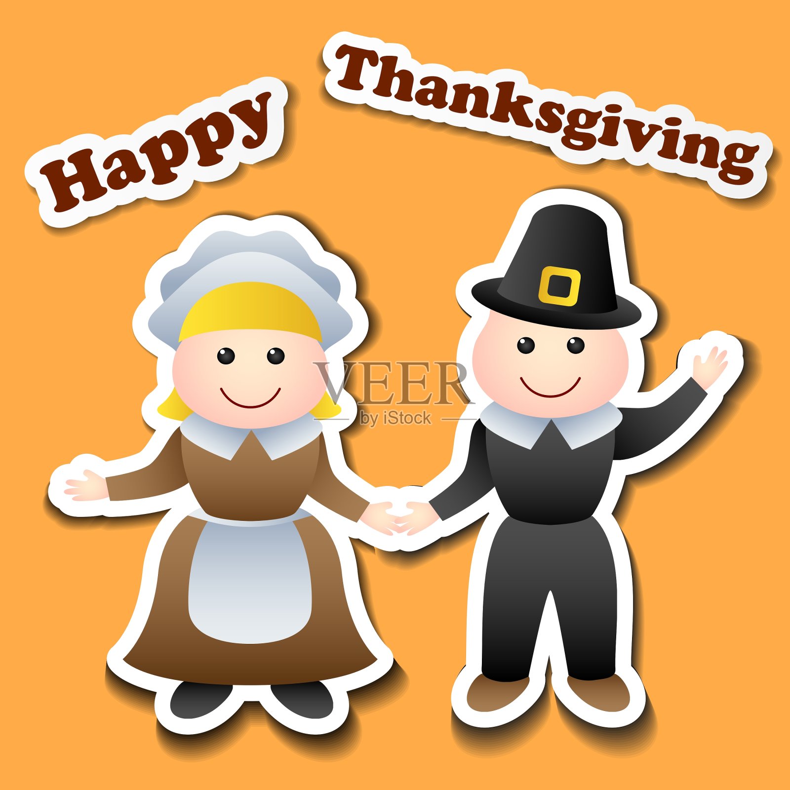 感恩节的卡通清教徒贴纸插画图片素材