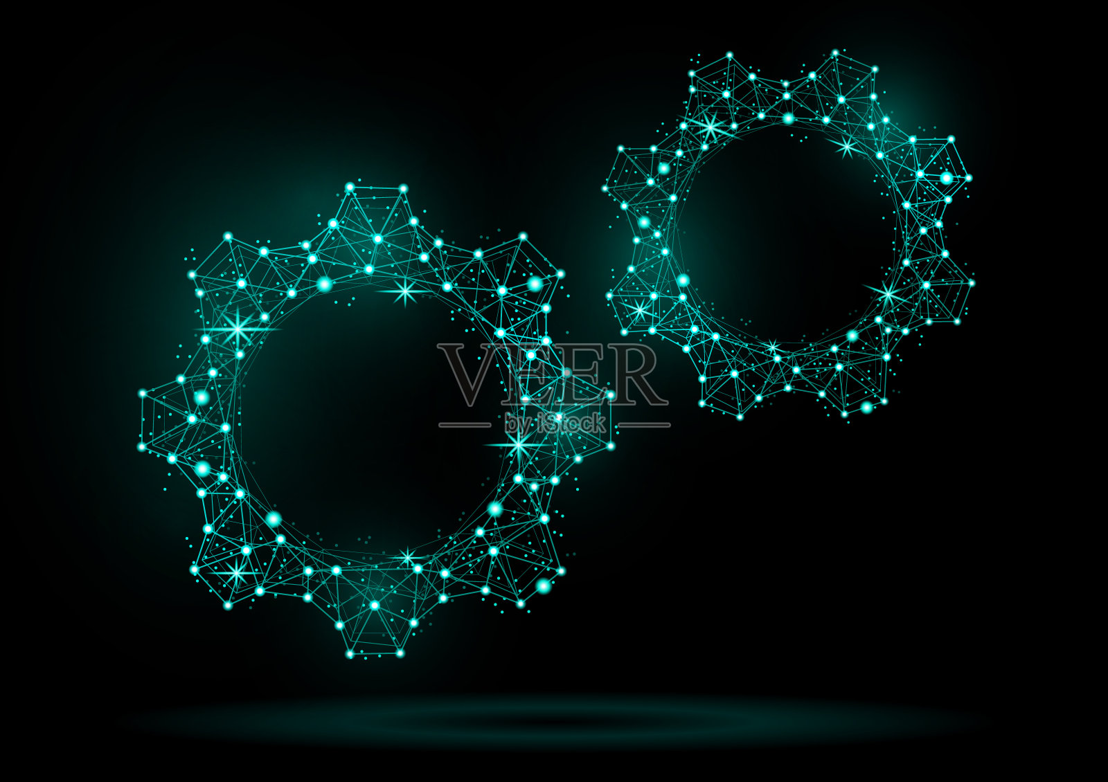 摘要齿轮模型与背光在黑色背景。闪亮的框架三角形啮合齿轮图标。向量插画图片素材