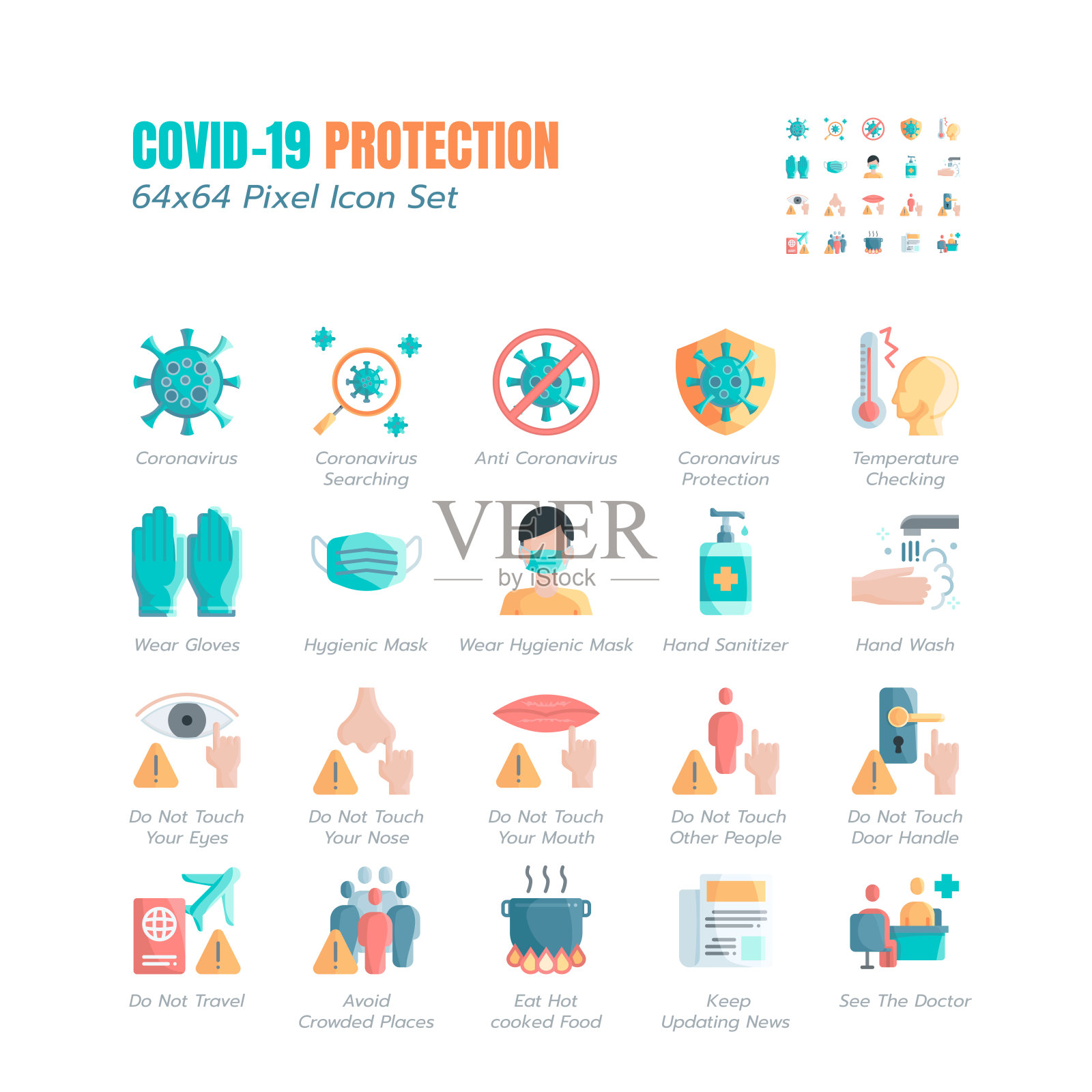 简易防Covid-19平面图标套装。指导防护措施、冠状病毒预防、卫生保健、溶液、意识、洗手、戴口罩等图标64x64像素插画图片素材