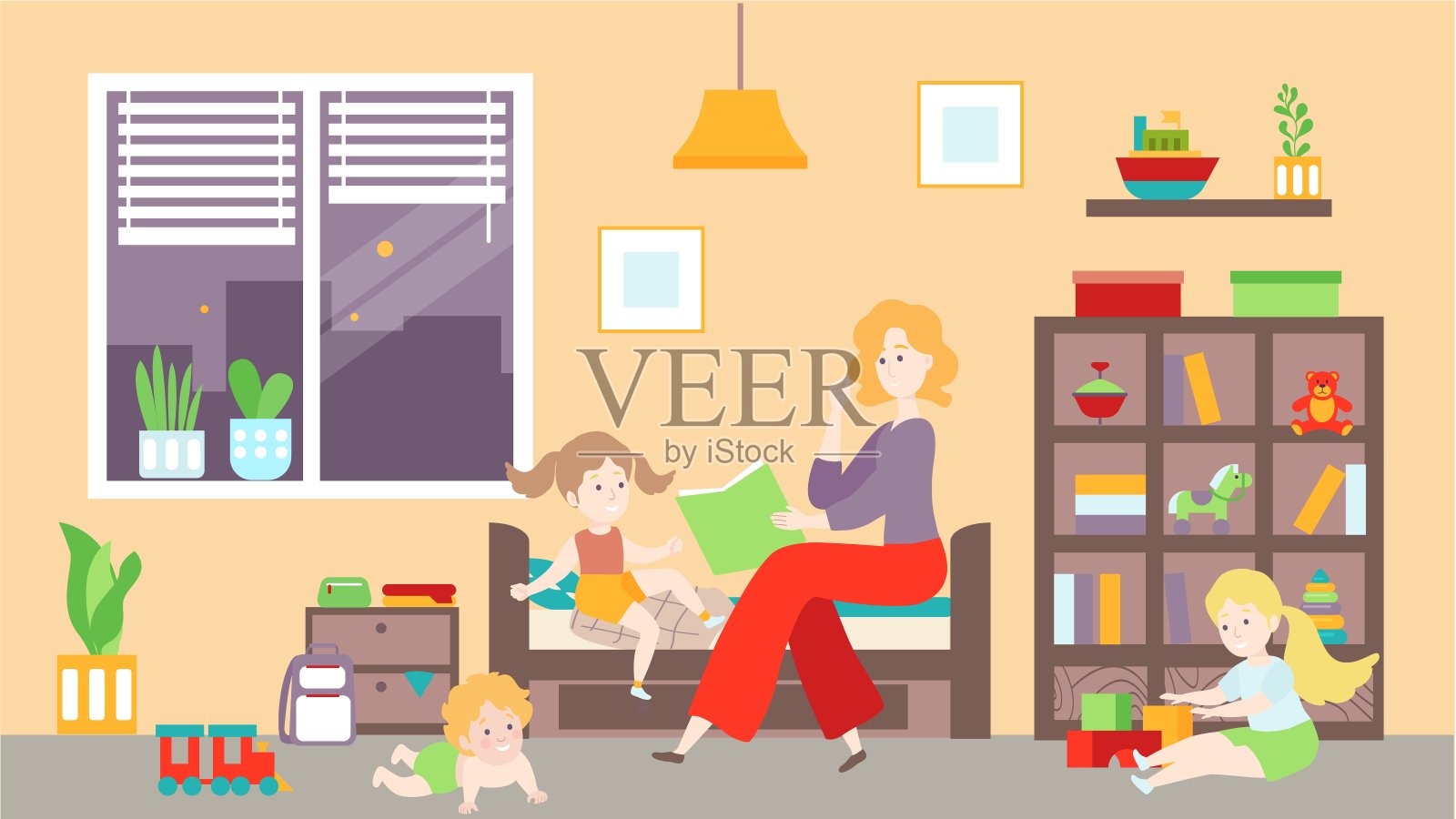 母亲给孩子们读睡前故事，幸福家庭的人在家，矢量插图插画图片素材