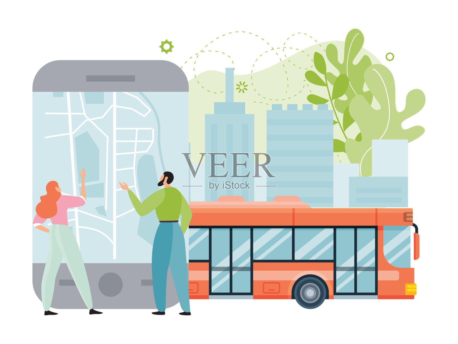 公共城市交通应用程序矢量插图，扁平的卡通微型夫妇使用智能手机与城市地图导航，公交乘坐插画图片素材