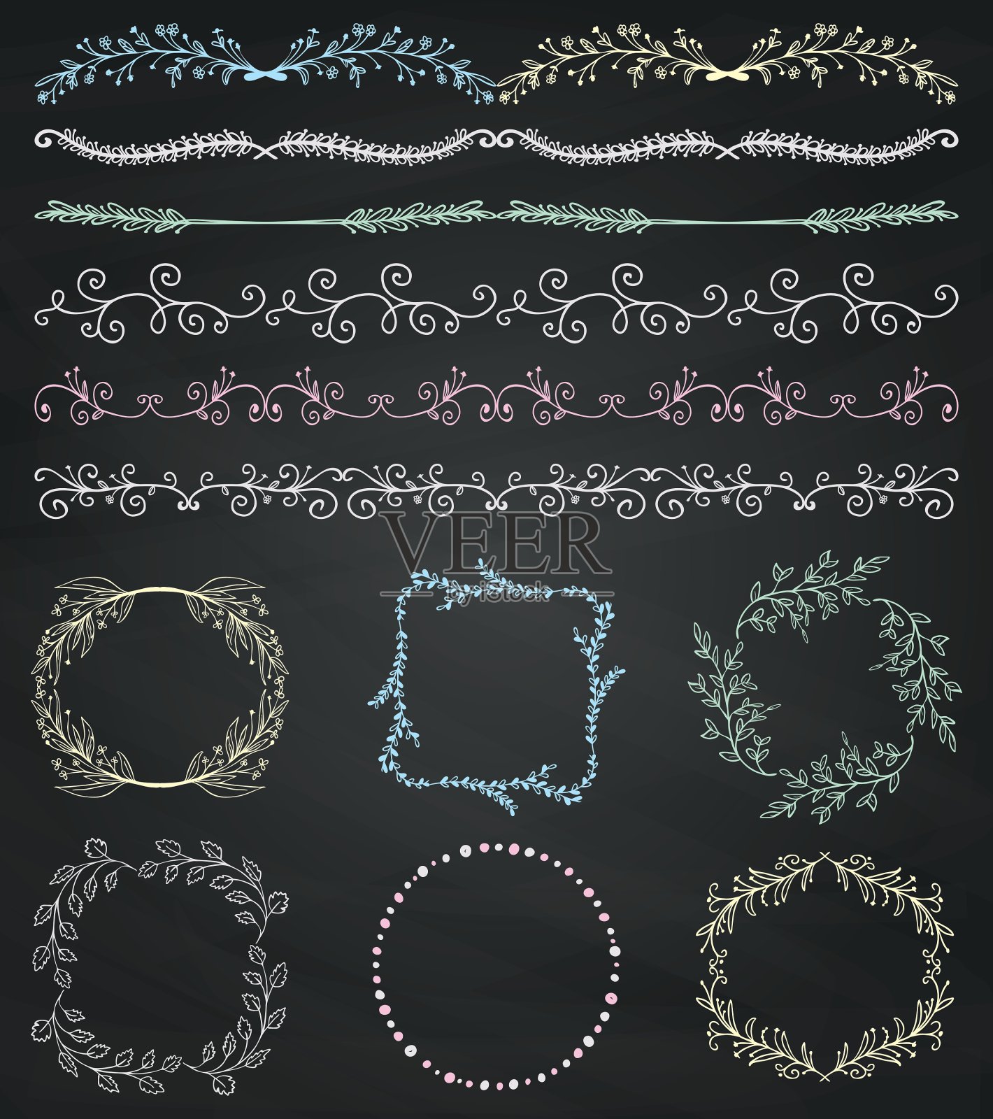 粉笔绘制无缝边框框架分割器插画图片素材