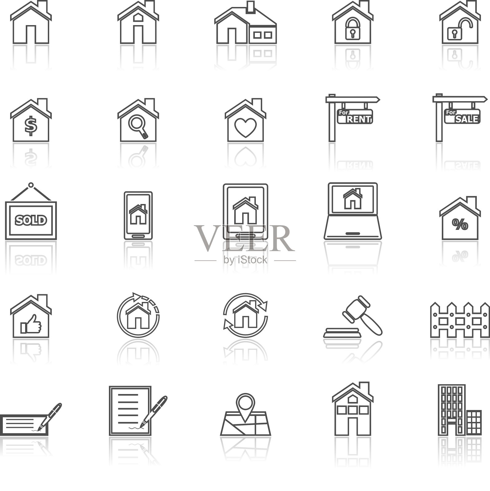 房地产线图标与反射在白色图标素材