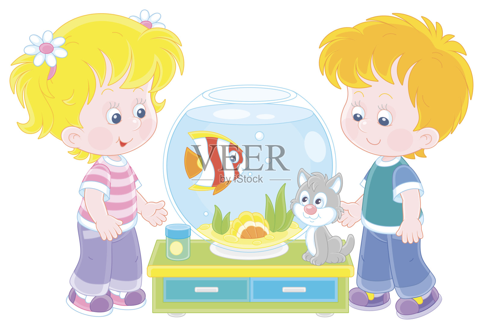 孩子们养着观赏鱼和小猫插画图片素材