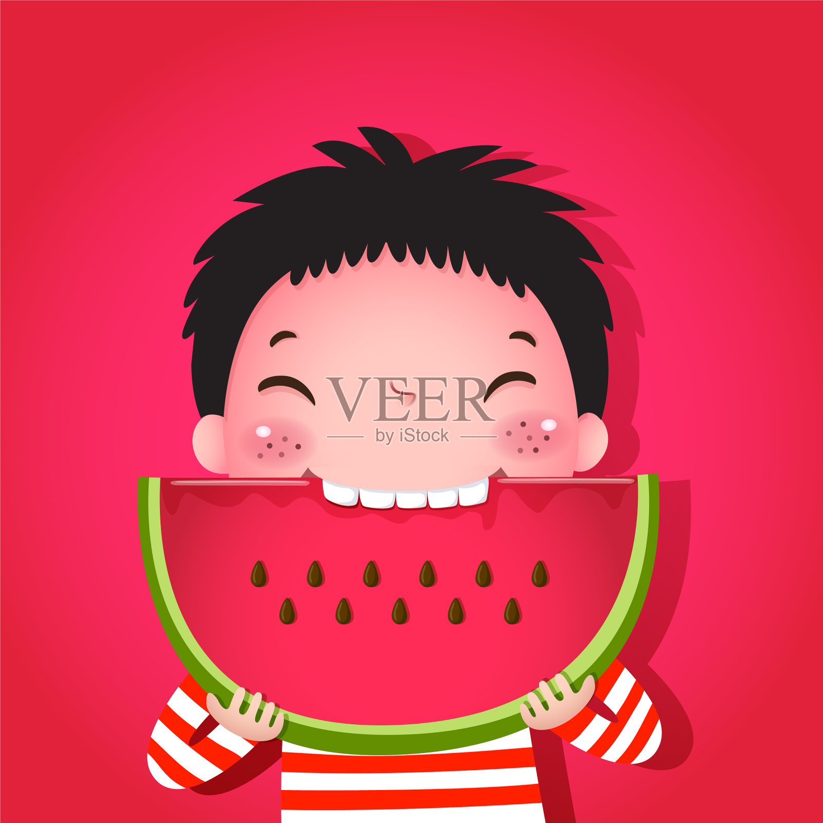 可爱的男孩吃西瓜插画图片素材