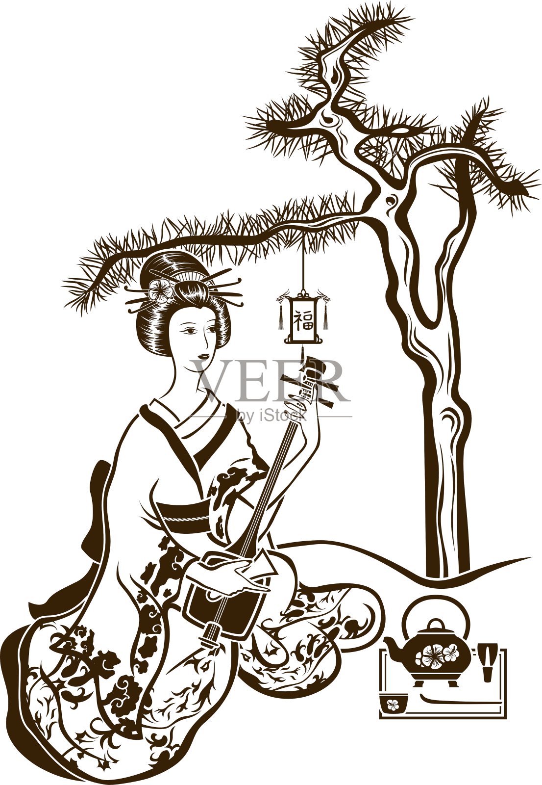 传统日本艺妓与三味线设计元素图片