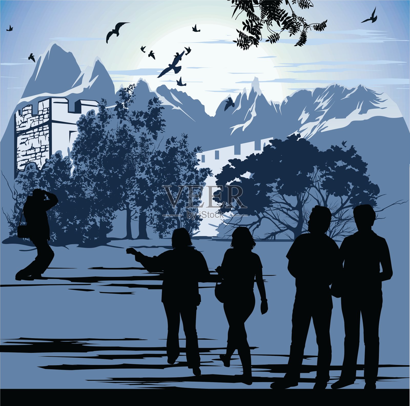 游客们漫步在这片古老的要塞领土上插画图片素材