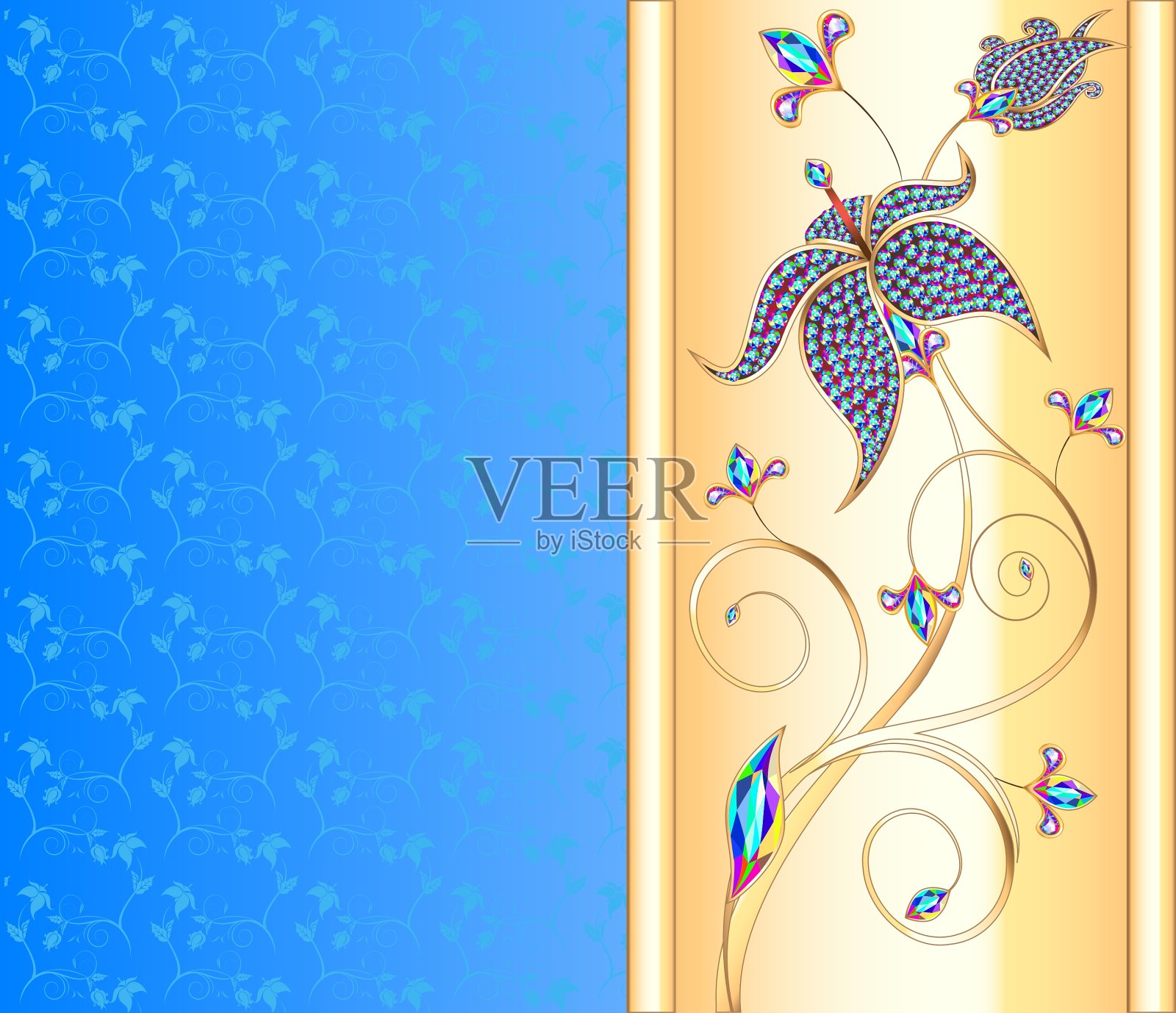 蓝色背景，金色花朵插画图片素材