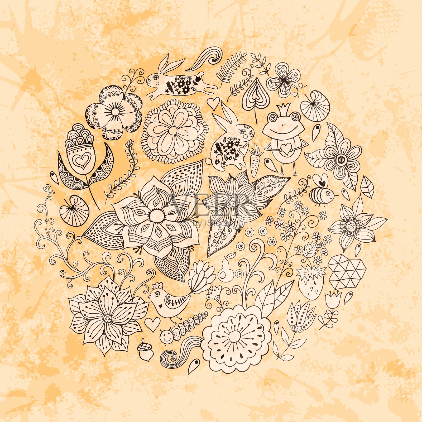 由花和鸟组成的圆圈插画图片素材