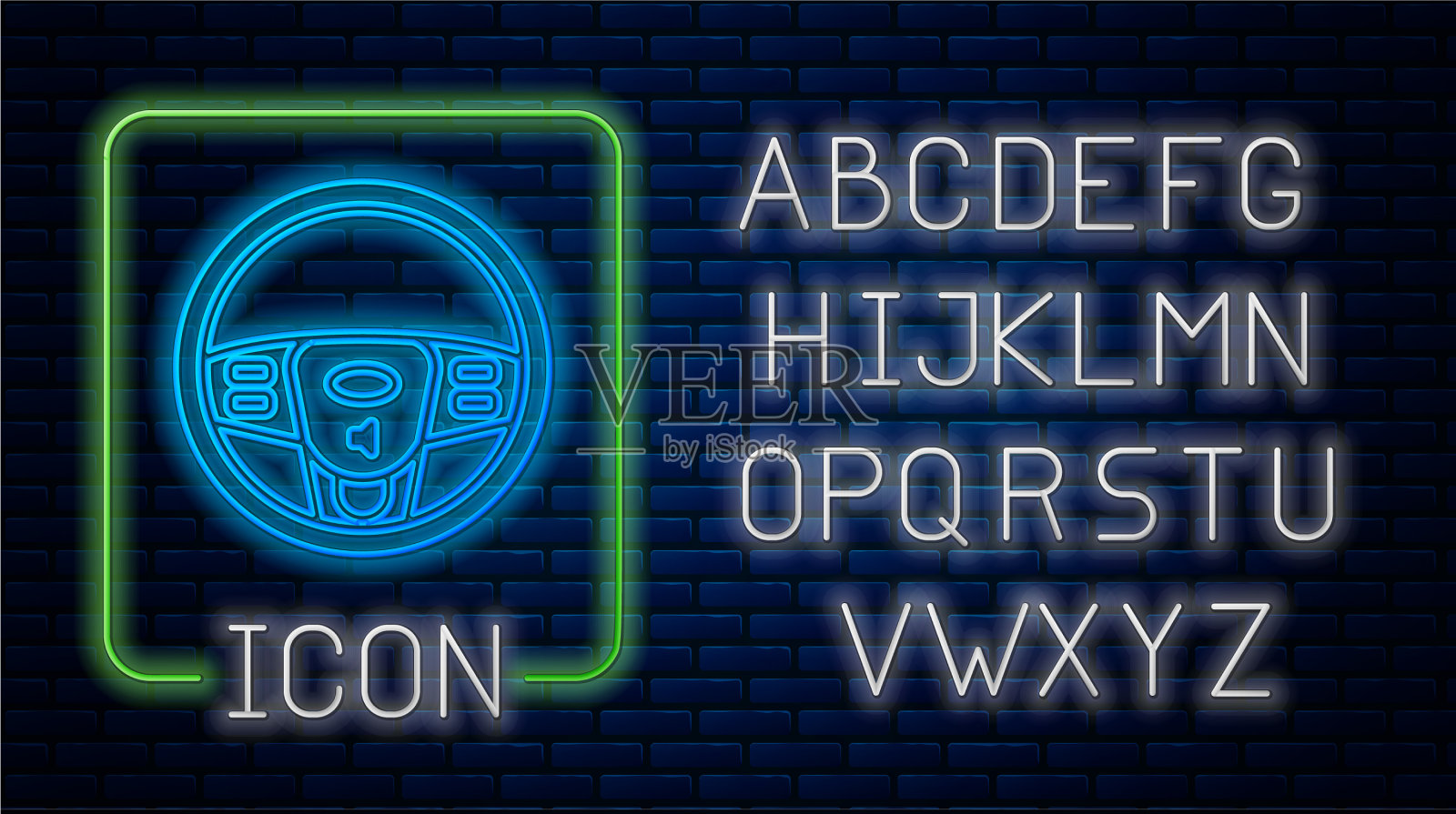 发光的霓虹灯方向盘图标孤立在砖块上插画图片素材