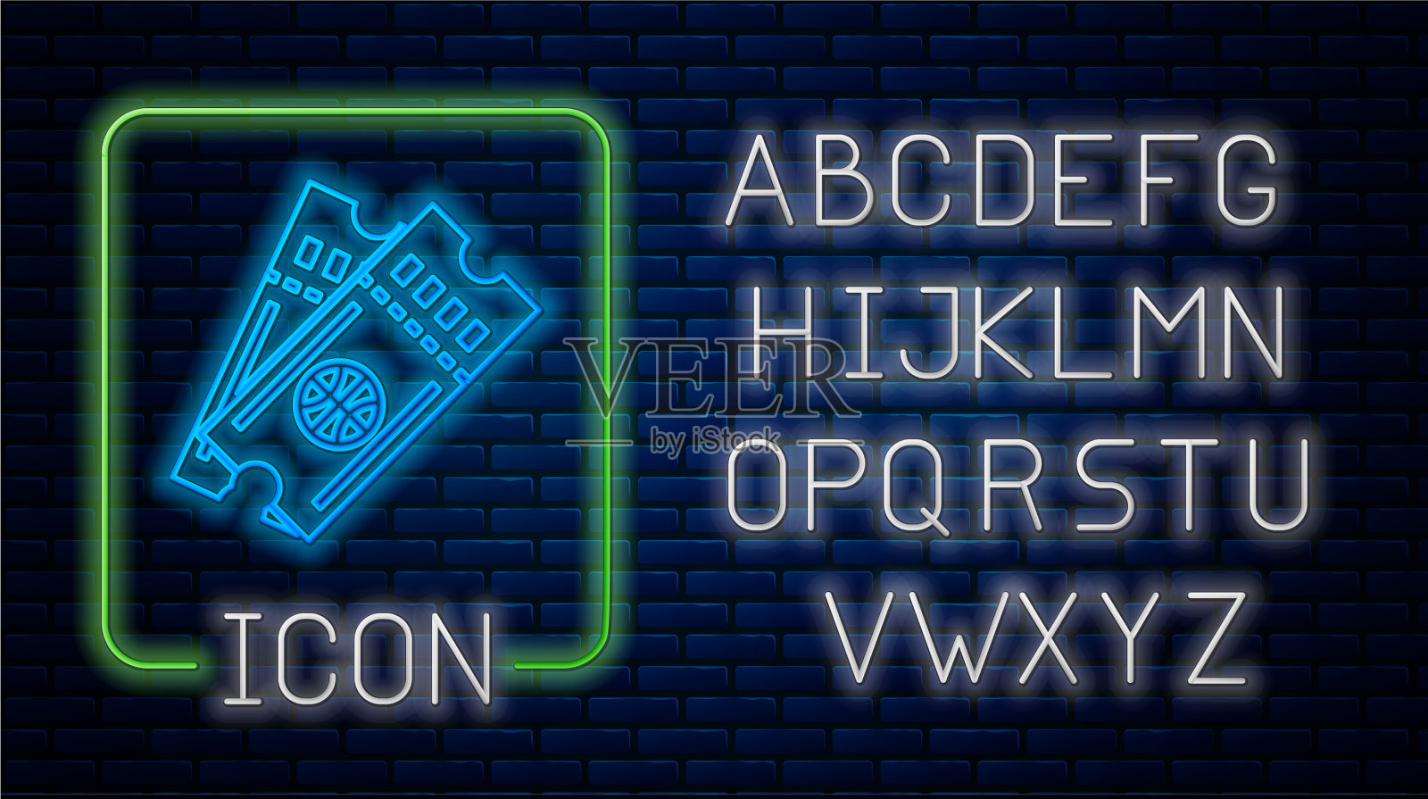 发光的霓虹灯篮球比赛门票图标孤立插画图片素材