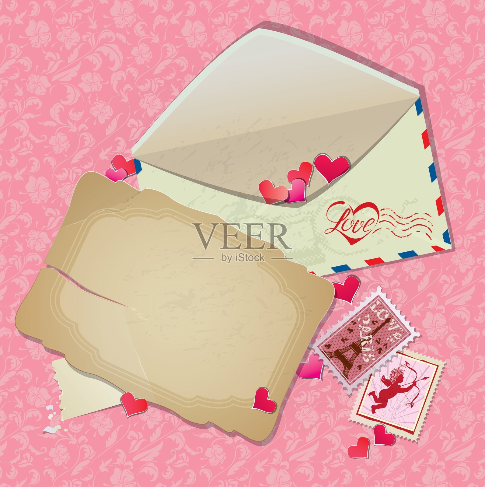 老式明信片信封、邮票、纸心设计模板素材