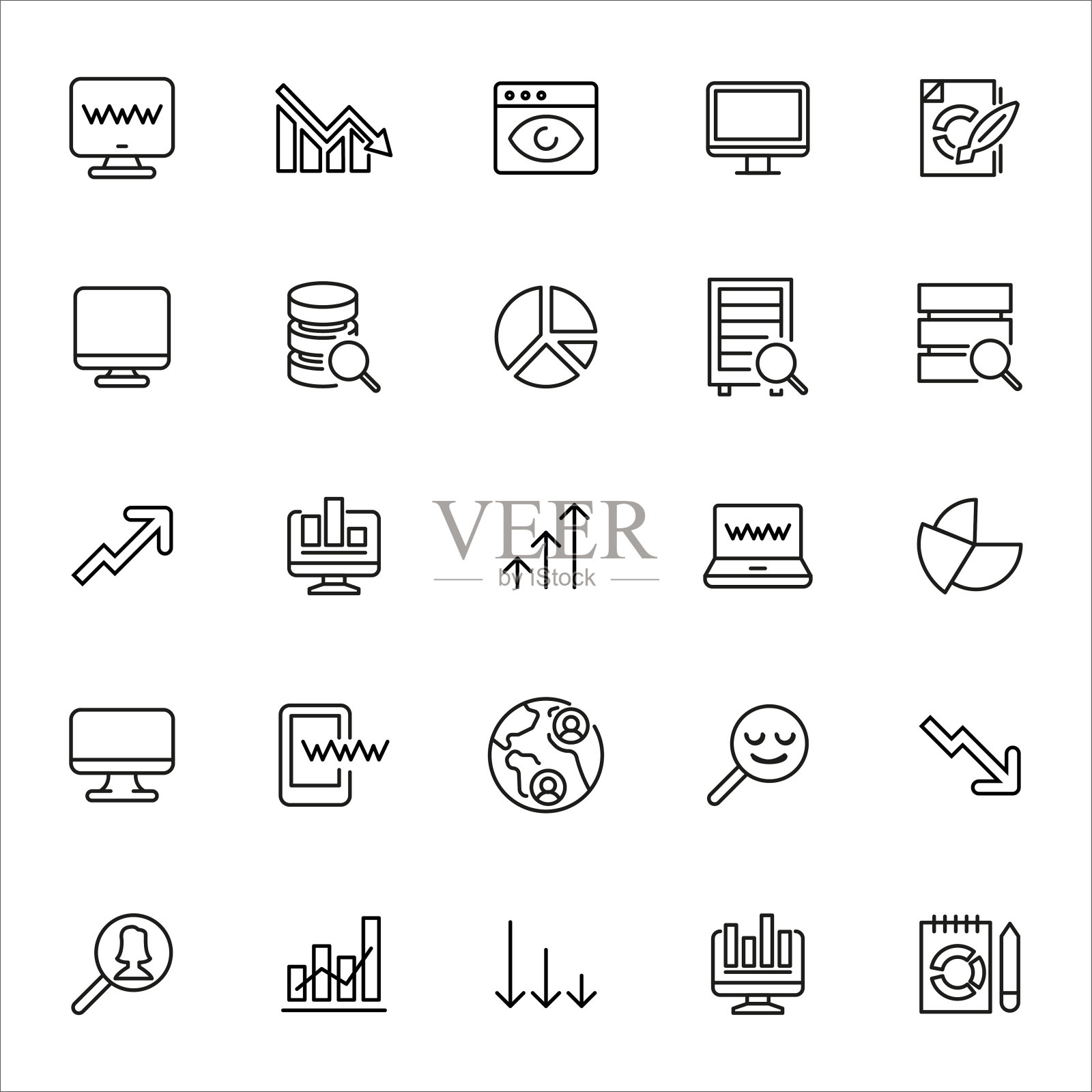 一套简单的大数据现代细线图标。图标素材