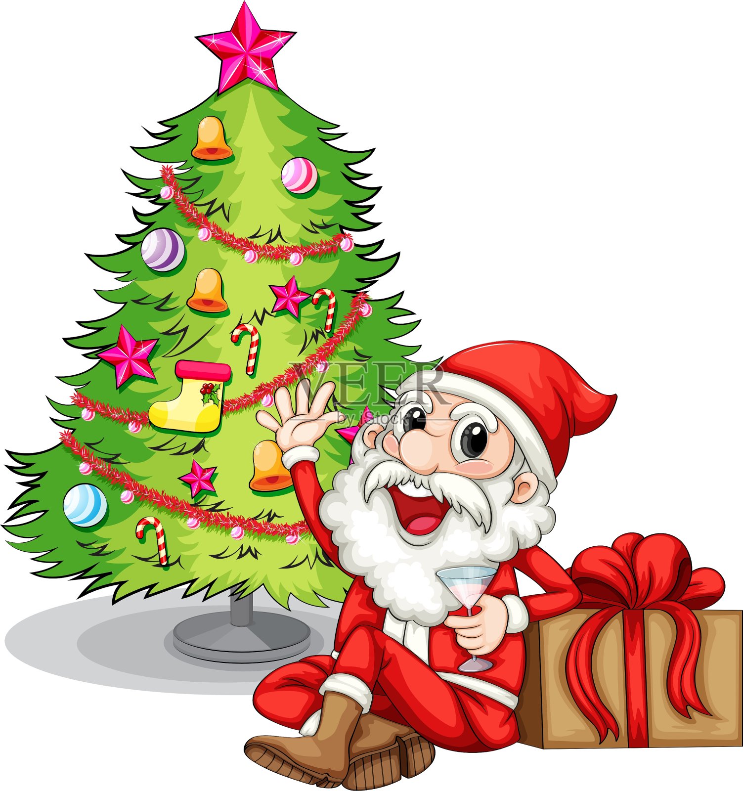 一个快乐的圣诞老人在圣诞树旁设计元素图片