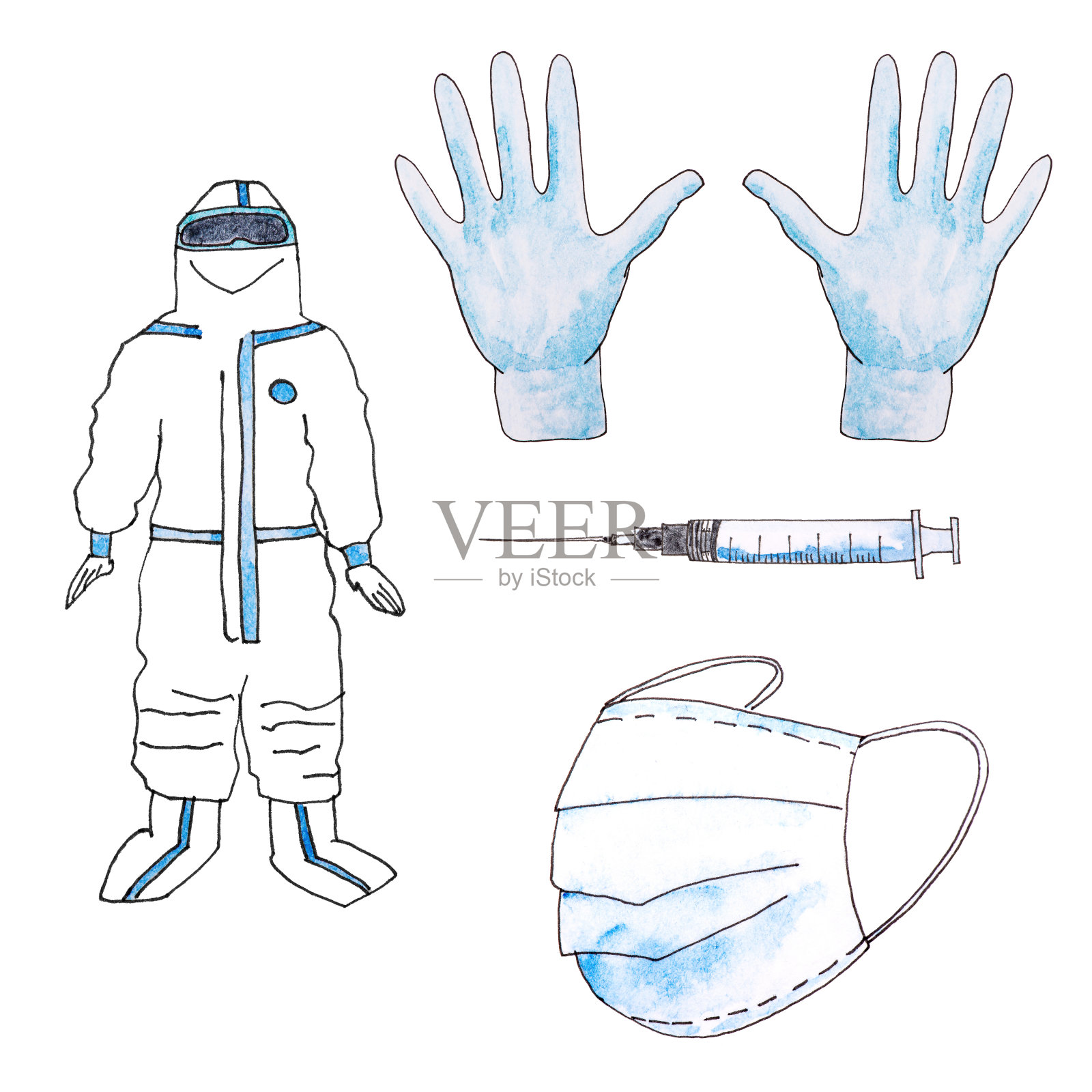 水彩画-医生服，防护服，医用口罩，手套，注射器。的海报插画图片素材