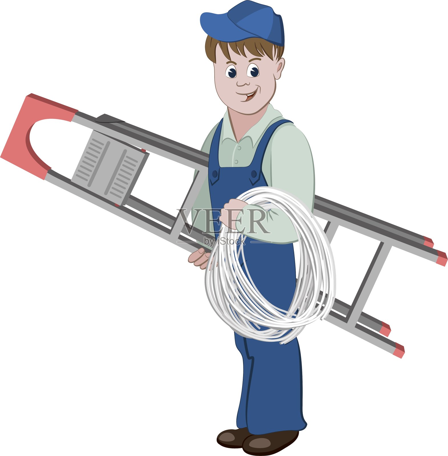 有梯子和电缆的电工或电缆维修工设计元素图片