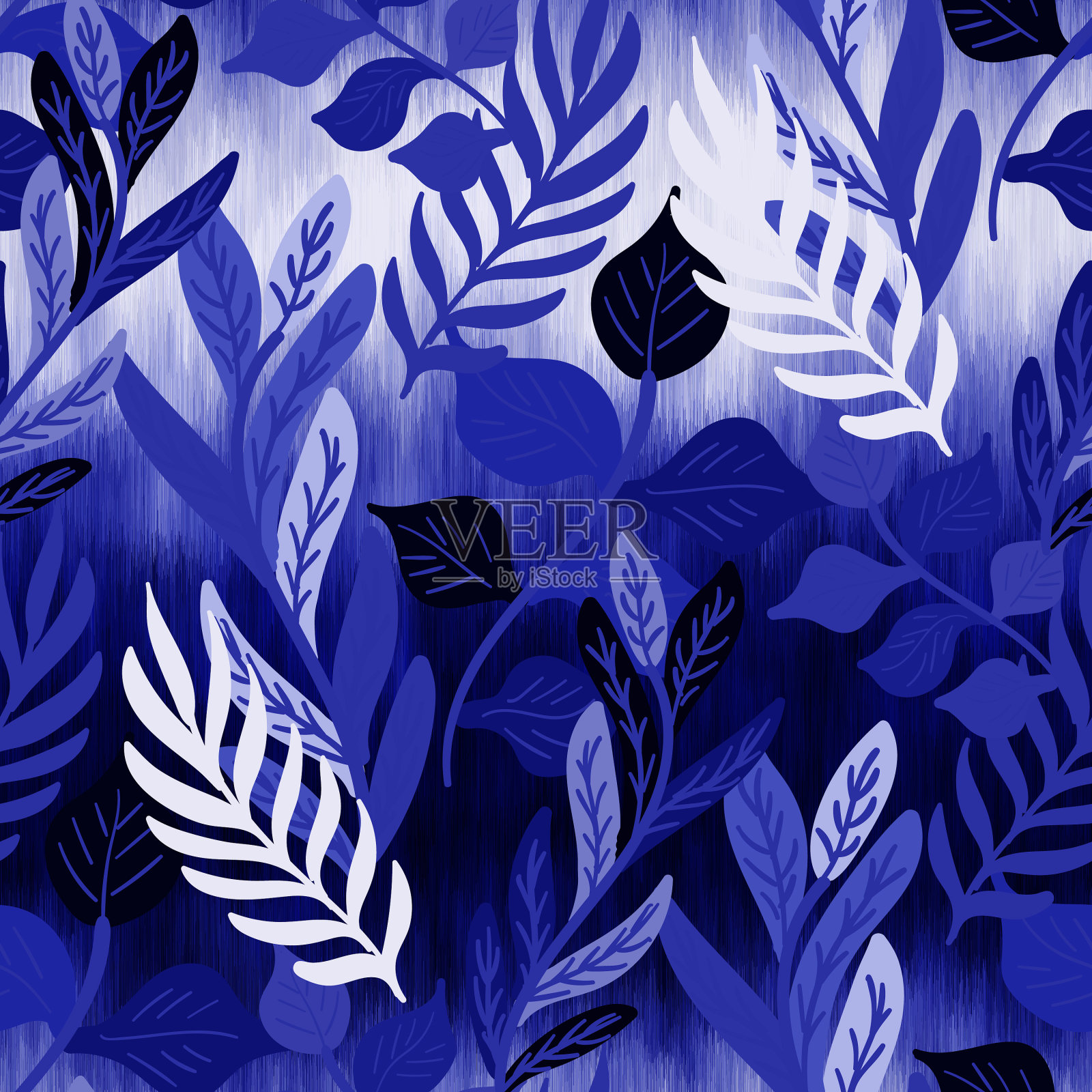蓝色纹理的热带叶蕨无缝图案插画图片素材