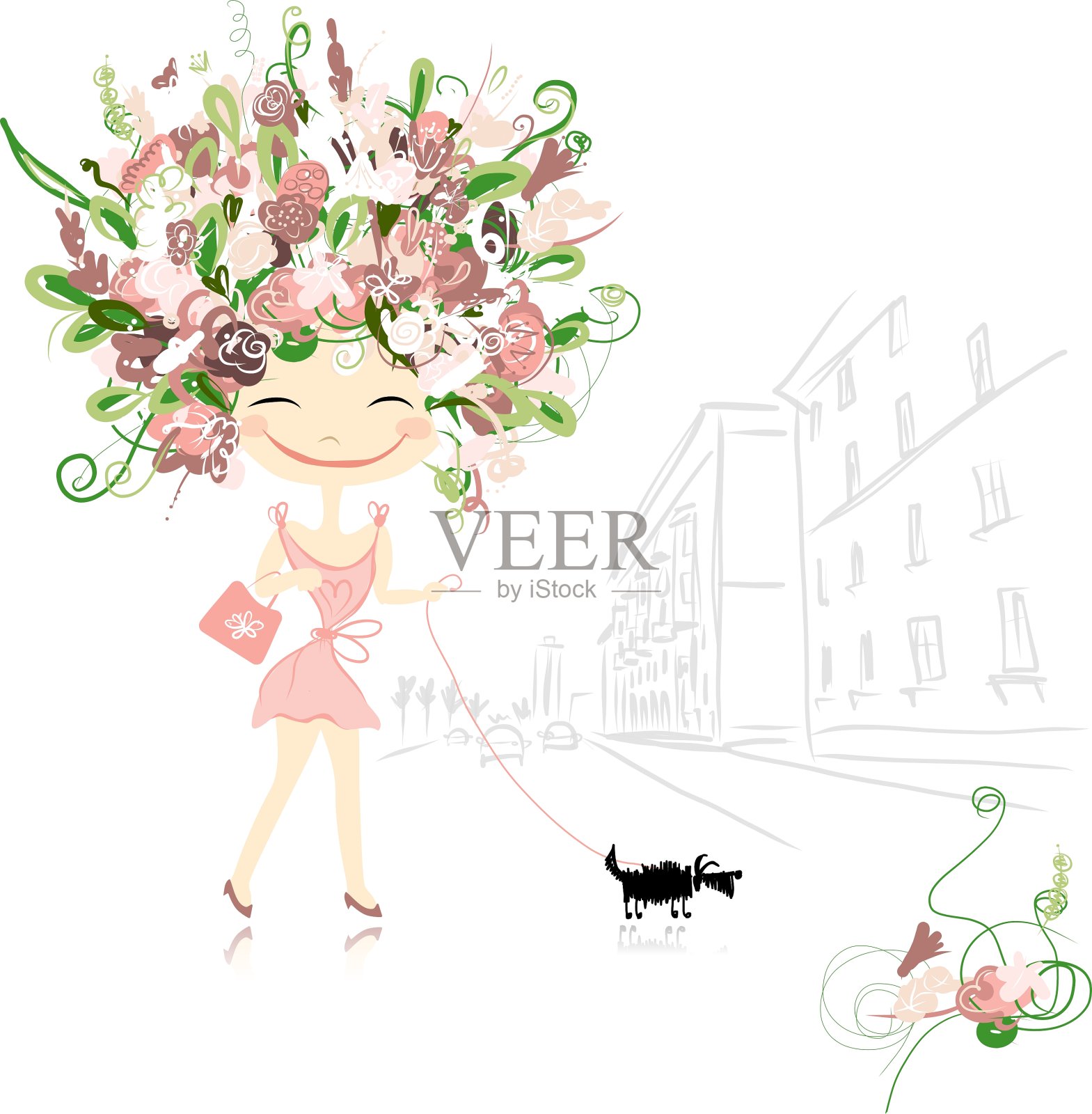 带着狗的花姑娘街头素描给你设计元素图片