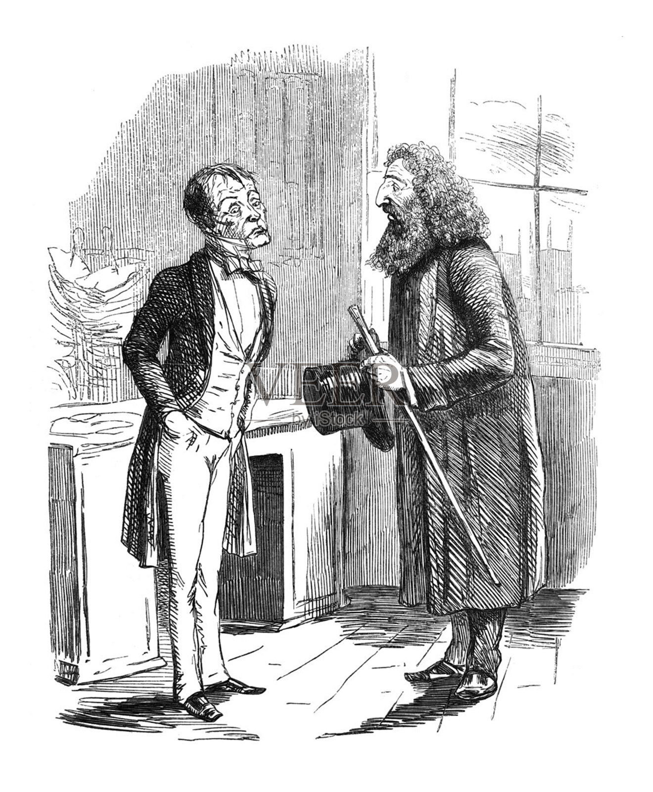 英国讽刺漫画，漫画，漫画插图- Lord John会见一个有长头发和胡子，手里拿着帽子的男人插画图片素材