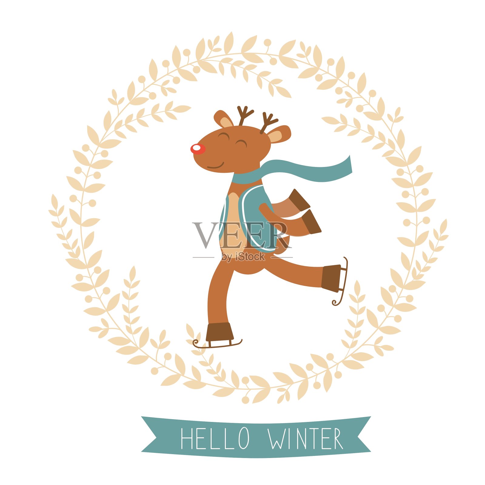 你好冬季卡可爱的鹿男孩滑冰设计元素图片