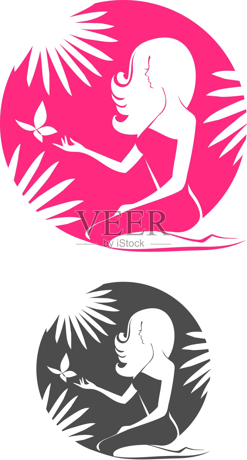 带着蝴蝶和棕榈叶的夏威夷热带女孩设计元素图片