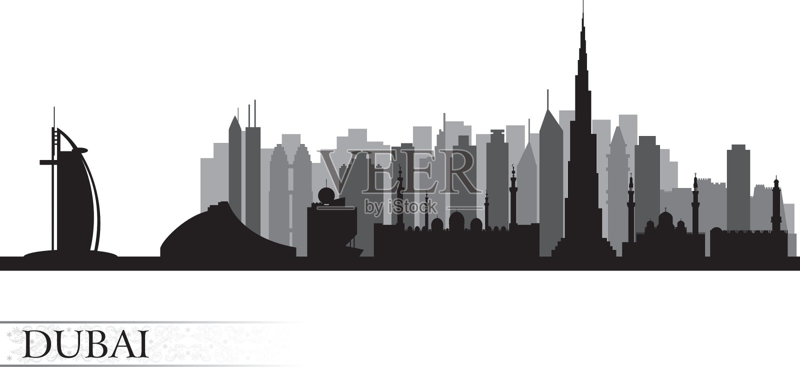 迪拜城市天际线详细轮廓插画图片素材
