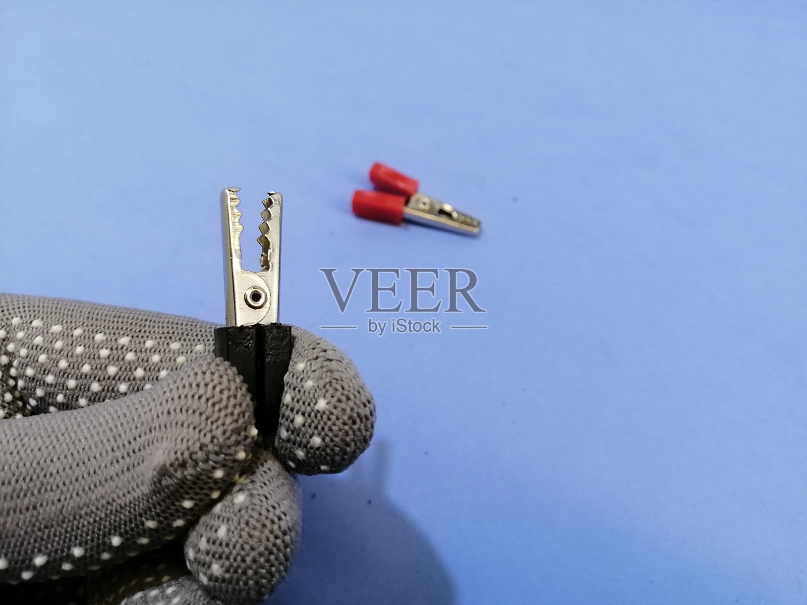 戴着手套的手指拿着一个打开的鳄鱼探针照片摄影图片