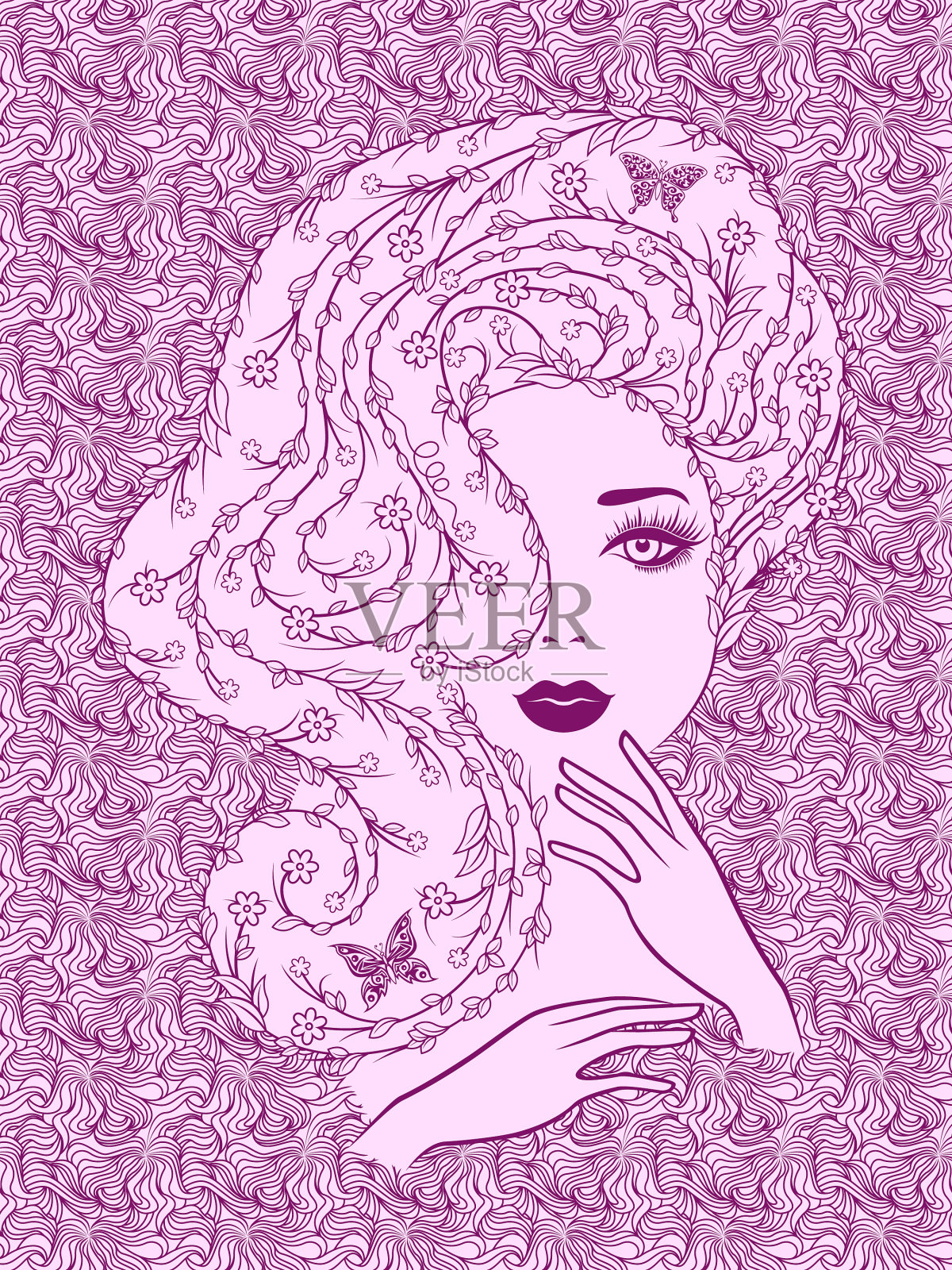 有花头发的漂亮女士插画图片素材