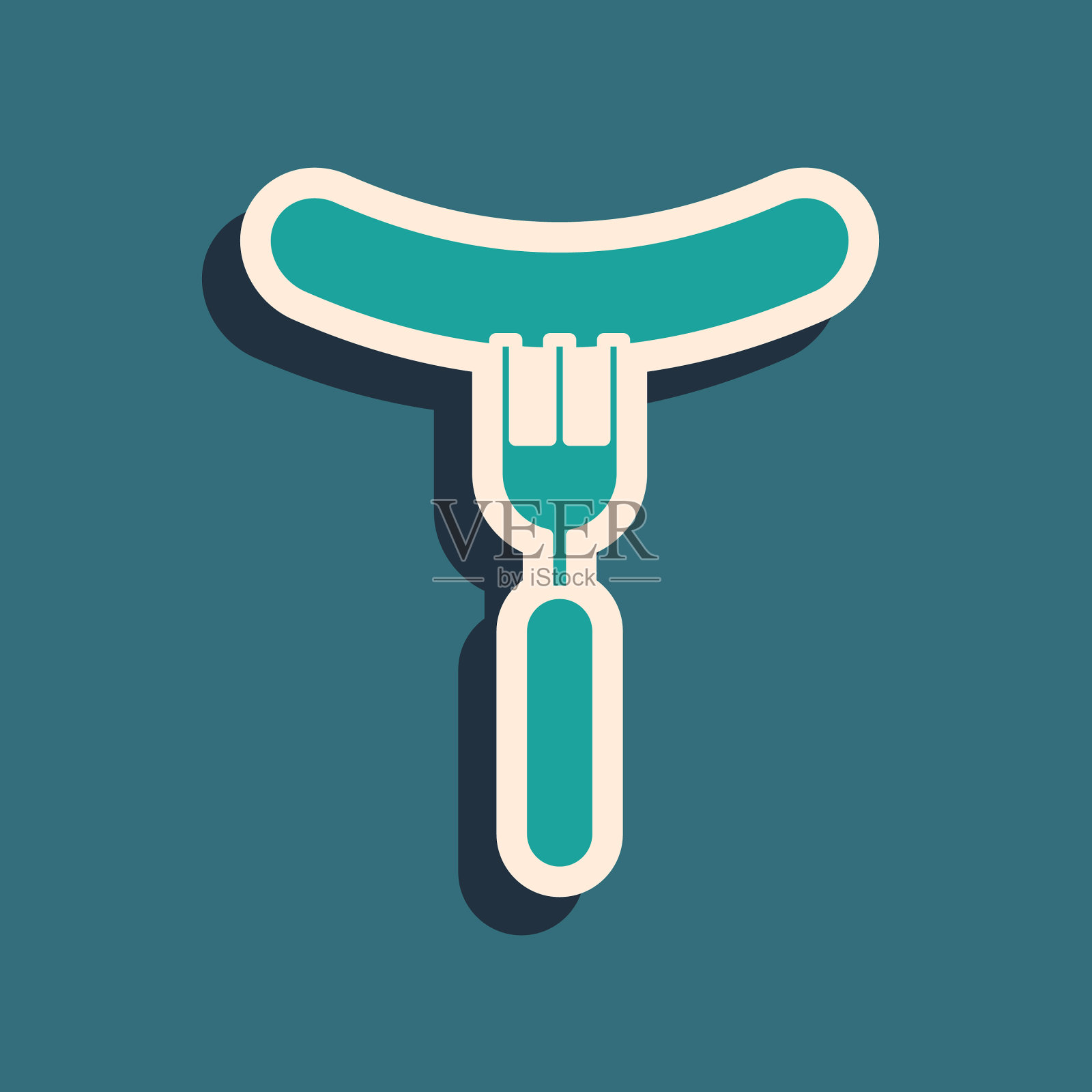 叉上的绿色香肠图标隔离在蓝色上插画图片素材