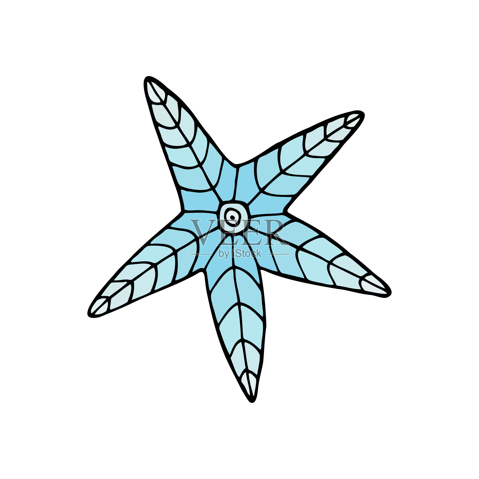 手绘彩色海星在一个白色孤立的背景。涂鸦，简单的大纲插图。可用于纺织品、纸张等表面的装饰。设计元素图片