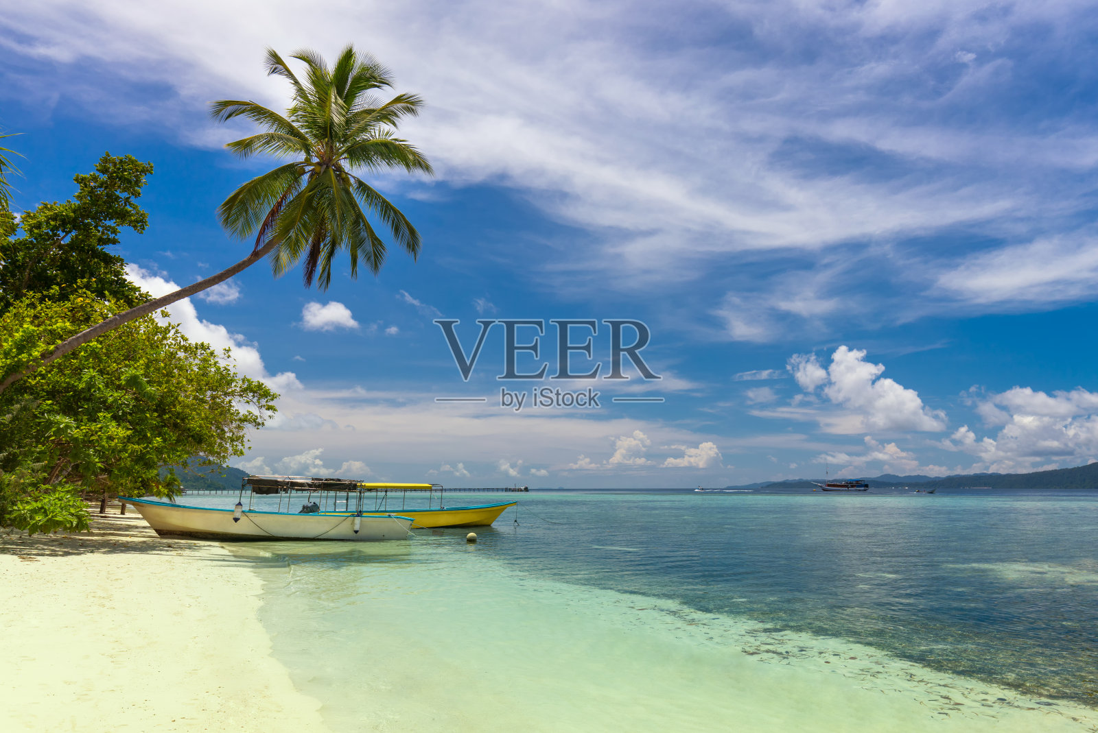 热带海滩椰子树，白色的沙子和绿松石水照片摄影图片