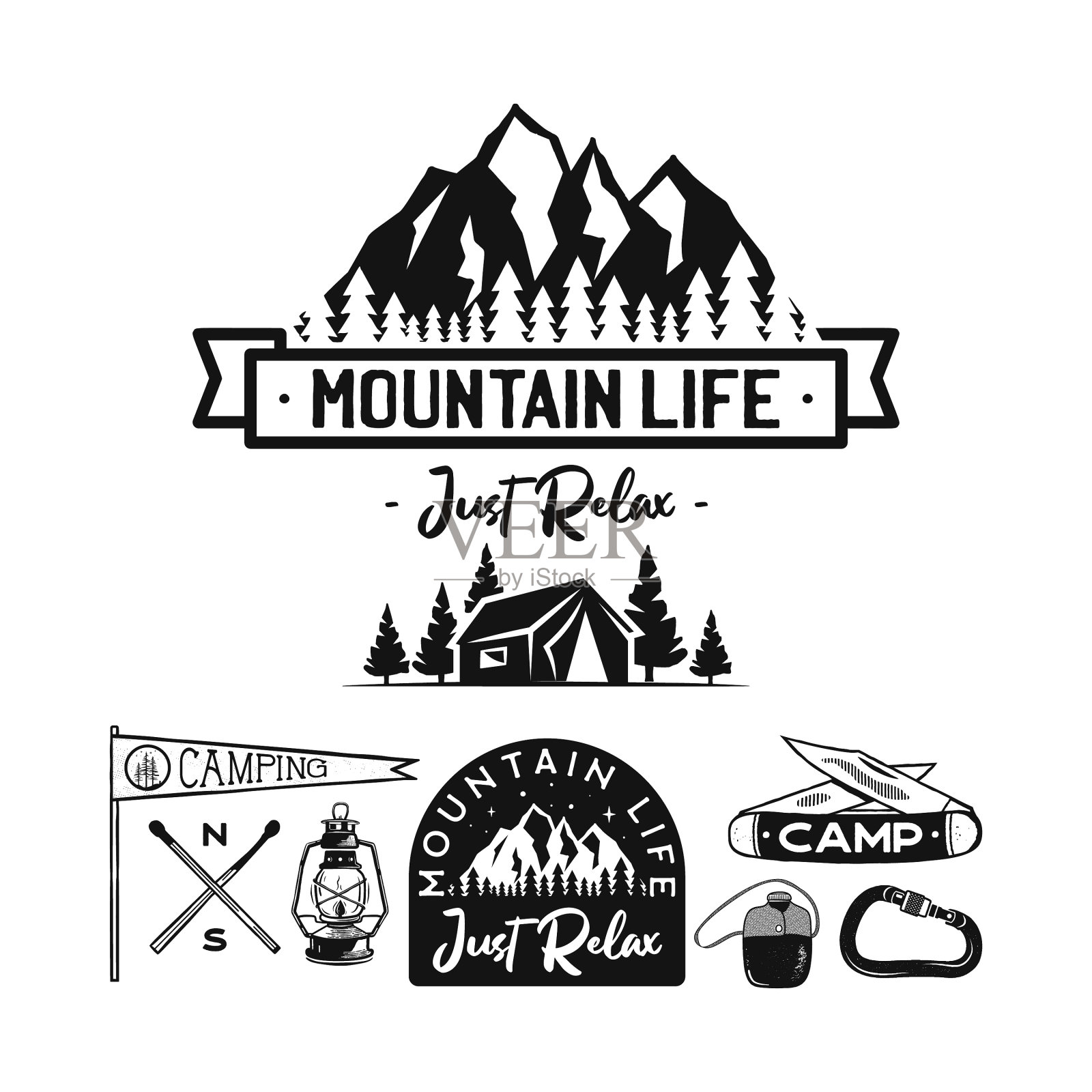 复古营地标志山徽章手插画图片素材