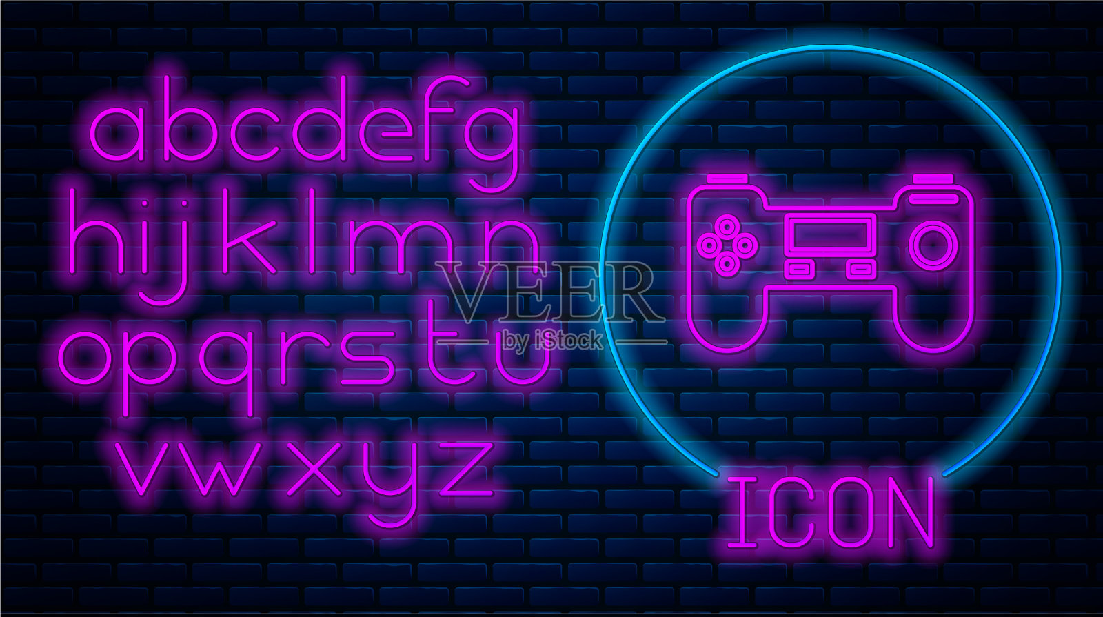 霓虹灯游戏手柄图标孤立在砖墙上插画图片素材