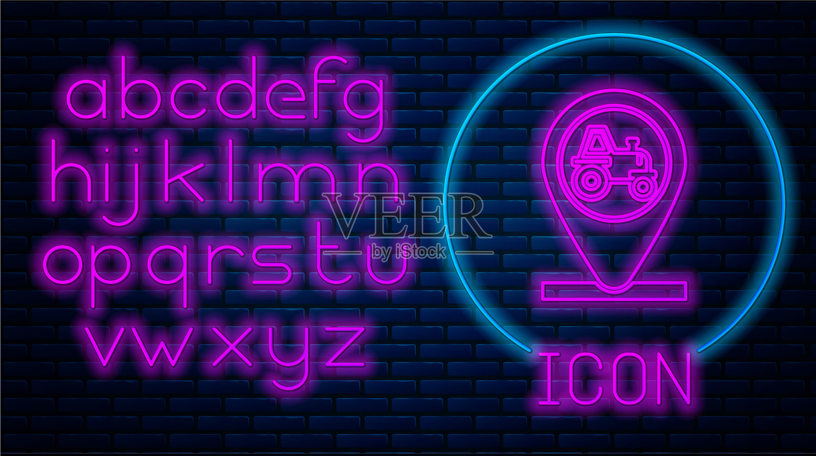 发光的霓虹灯拖拉机和位置图标隔离插画图片素材